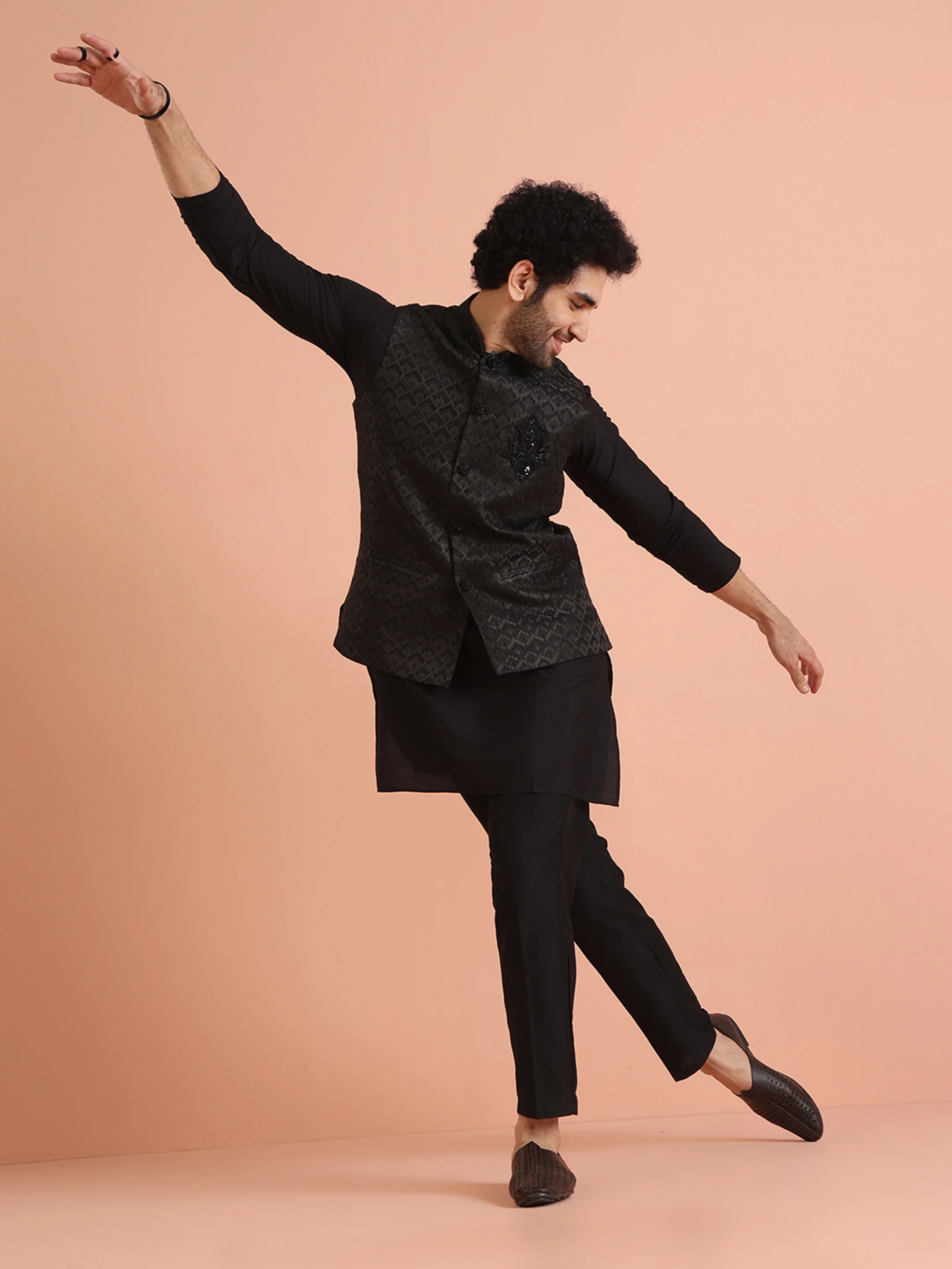 Black Cotton Silk Woven Nehru Jacket Kurta Trouser