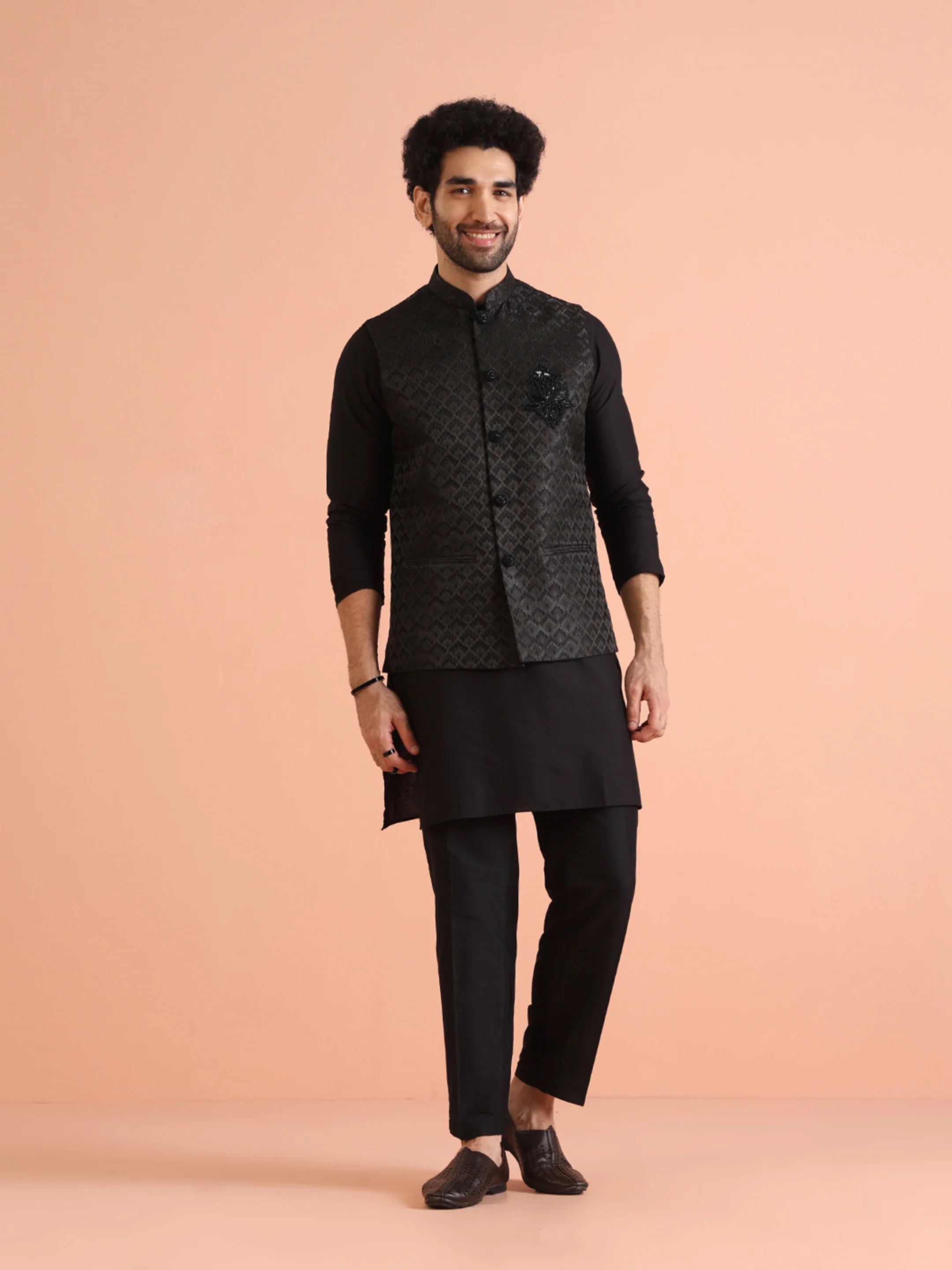 Black Cotton Silk Woven Nehru Jacket Kurta Trouser - Image 2