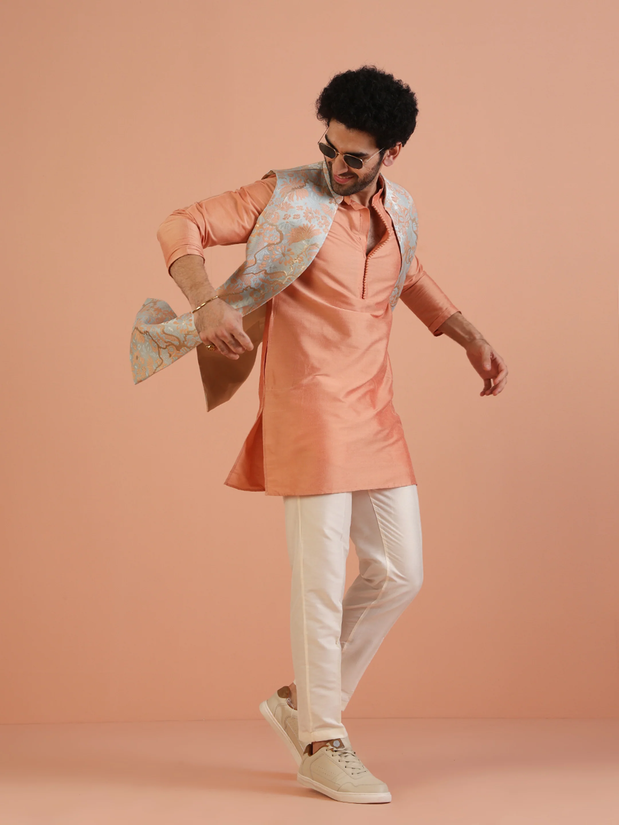 Blue Floral Jacquard Nehru Jacket Pink Kurta Set