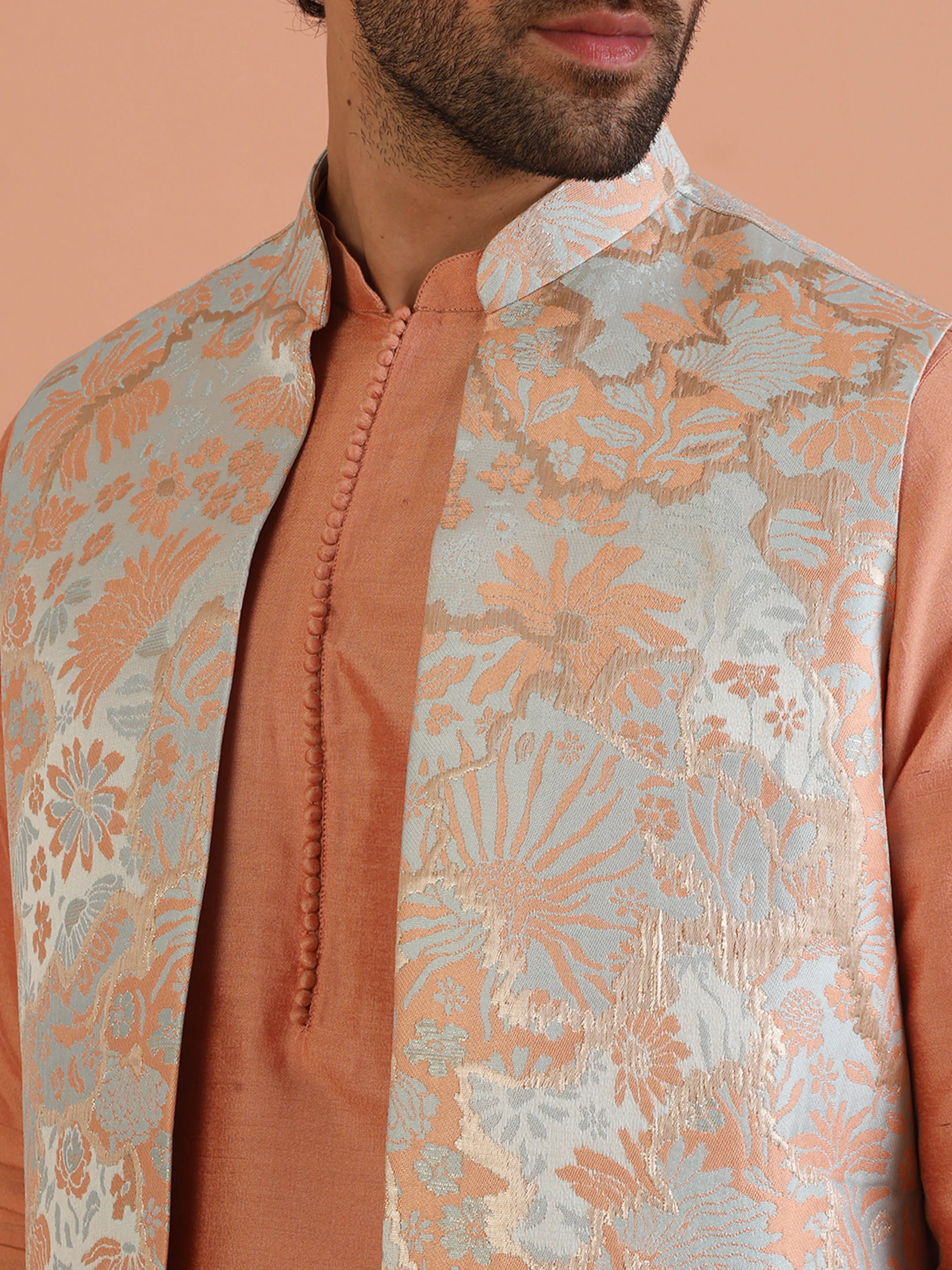 Blue Floral Jacquard Nehru Jacket Pink Kurta Set - Image 6