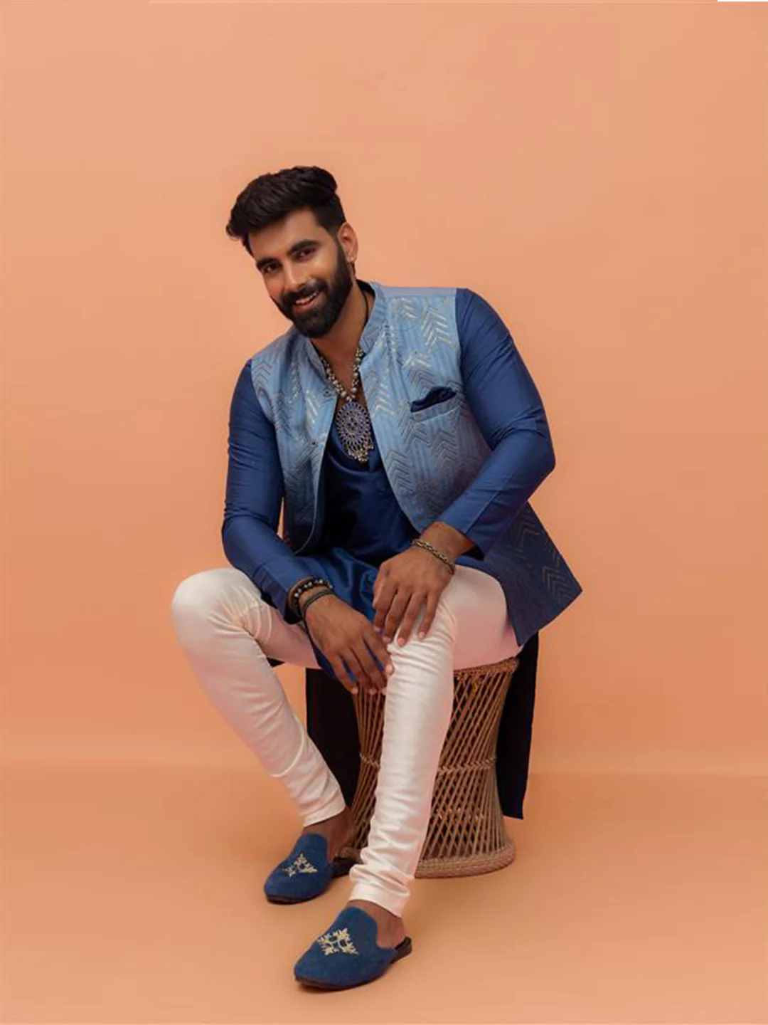 Men Blue Embroidered Kurta Jacket Churidar Set with Sequinned