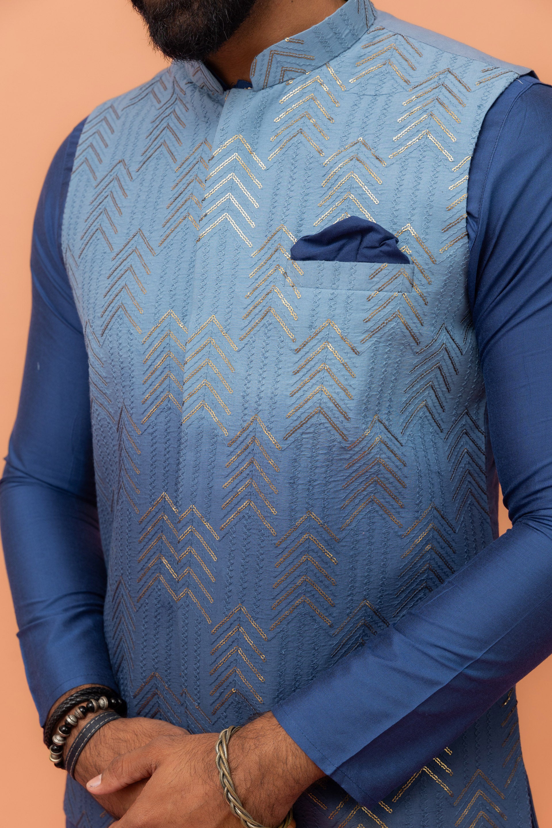 Men Blue Embroidered Kurta Jacket Churidar Set with Sequinned - Image 2