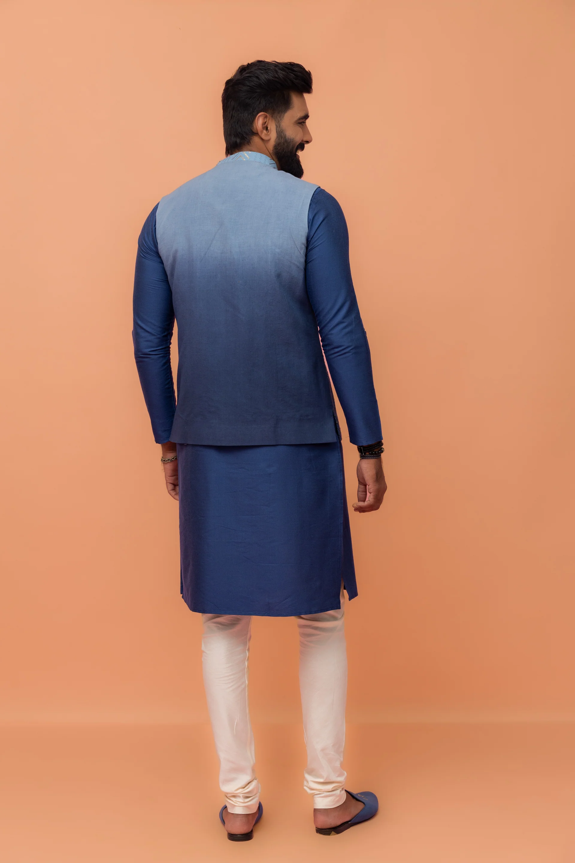Men Blue Embroidered Kurta Jacket Churidar Set with Sequinned - Image 5