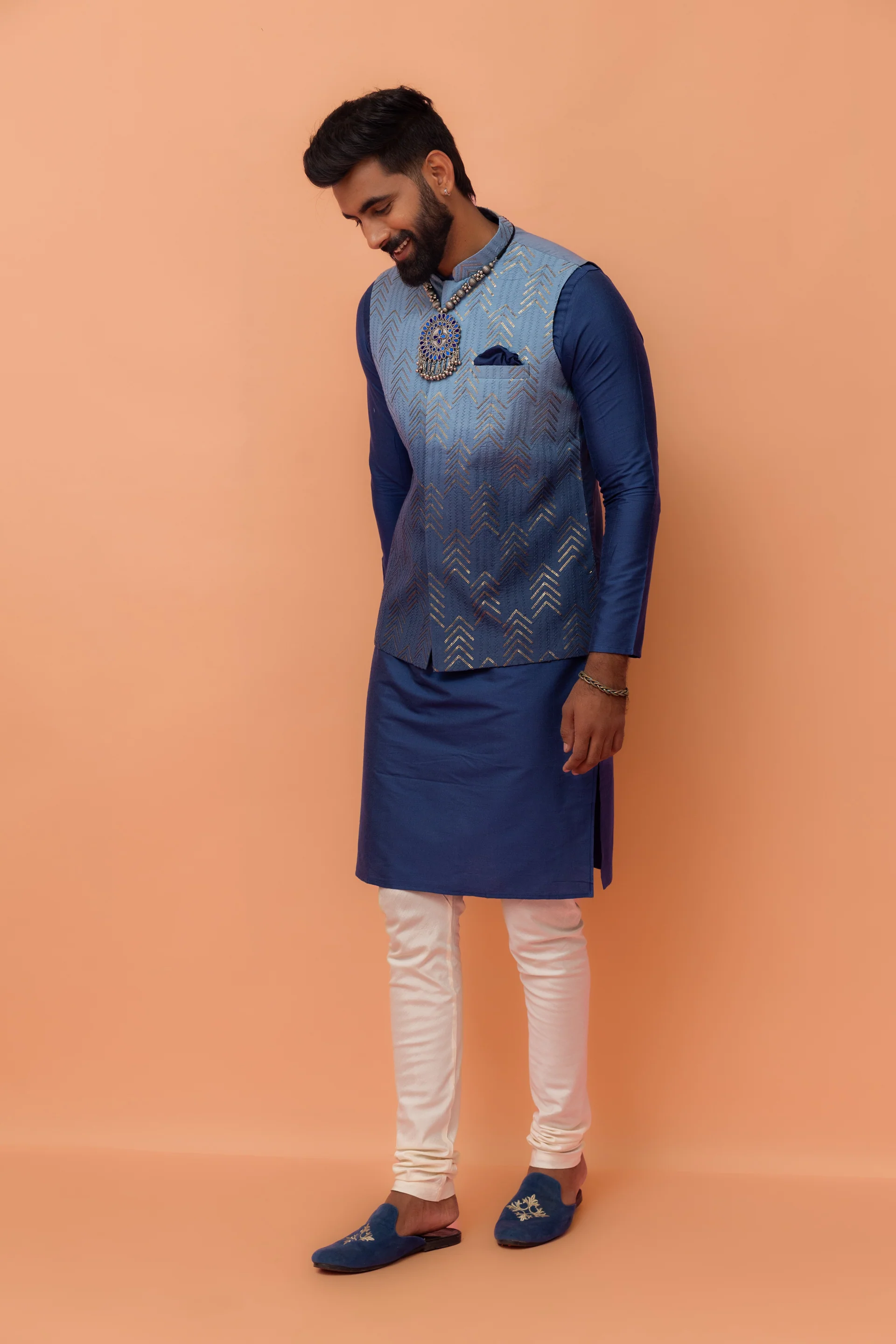 Men Blue Embroidered Kurta Jacket Churidar Set with Sequinned - Image 9