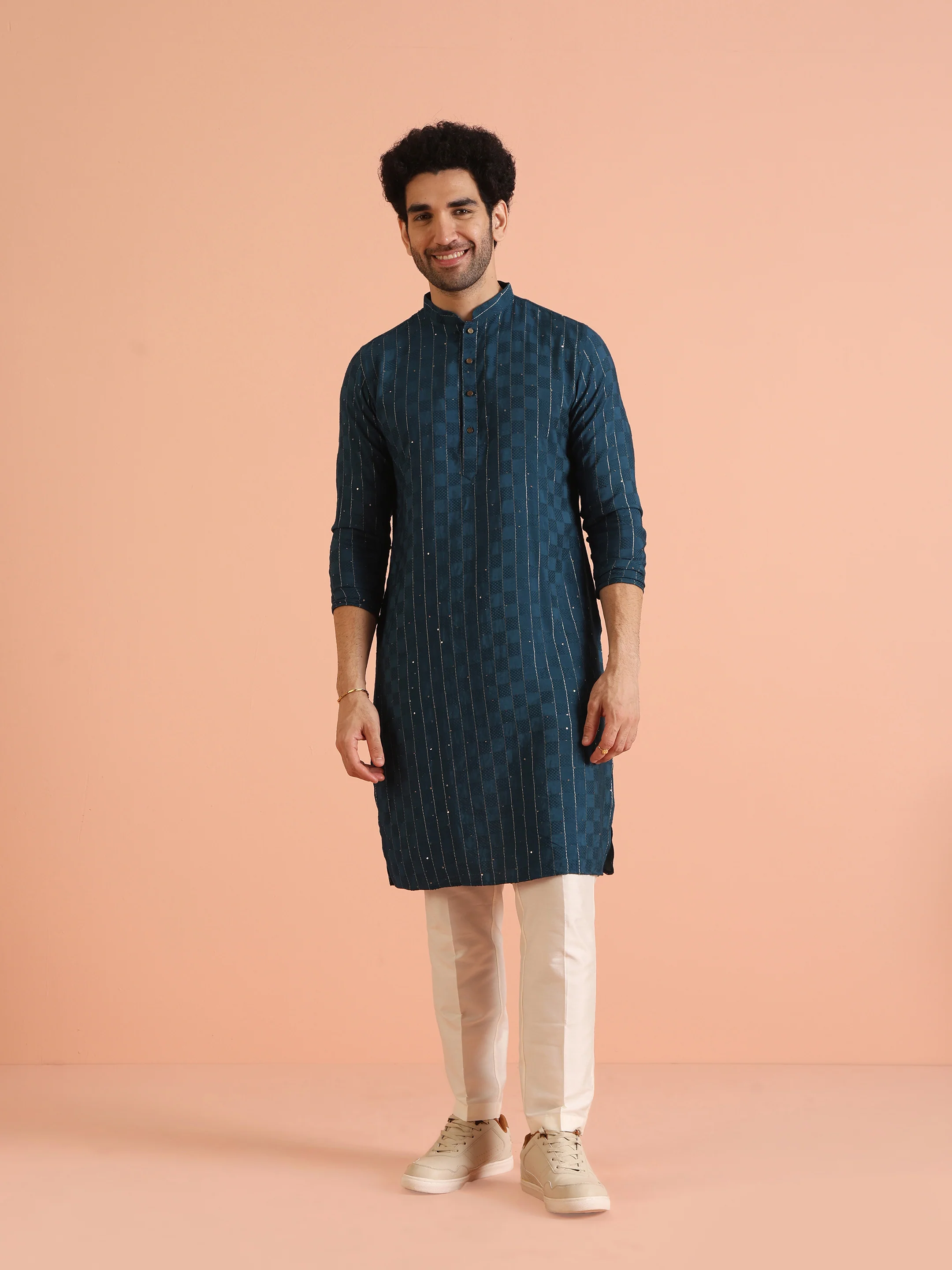 Teal Blue Jacquard Kurta Cream Trouser Set - Image 2