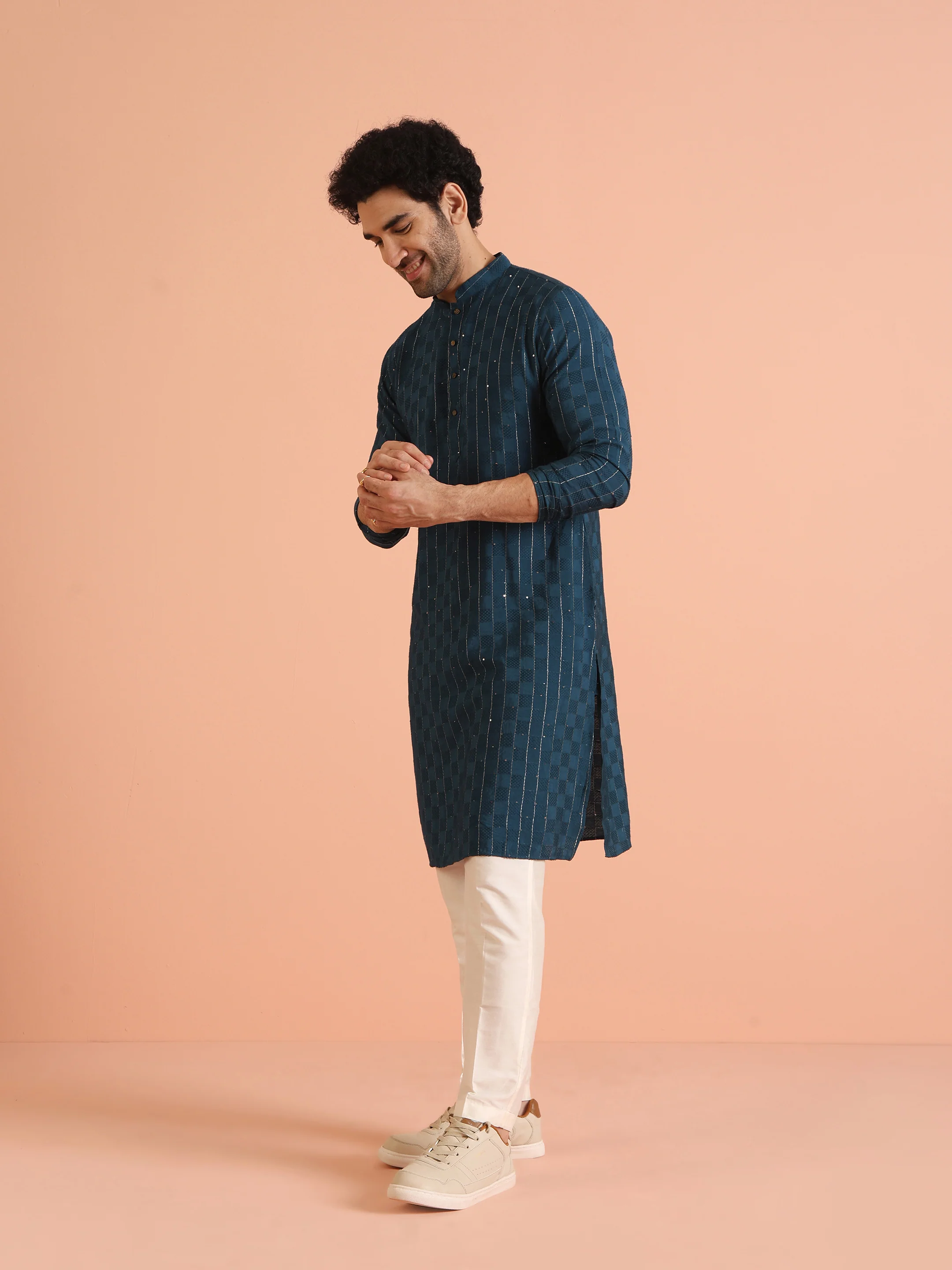 Teal Blue Jacquard Kurta Cream Trouser Set - Image 3