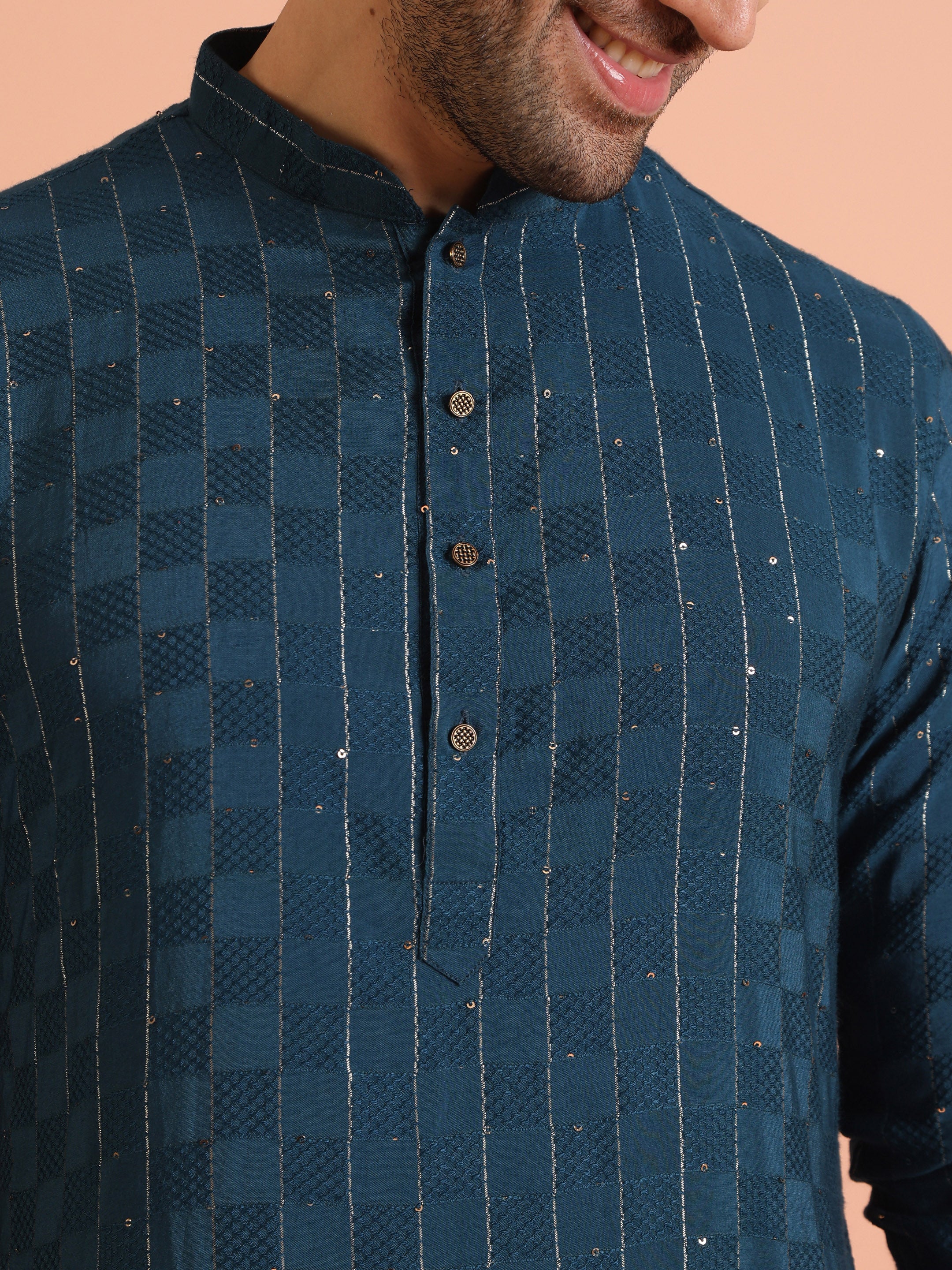 Teal Blue Jacquard Kurta Cream Trouser Set - Image 6