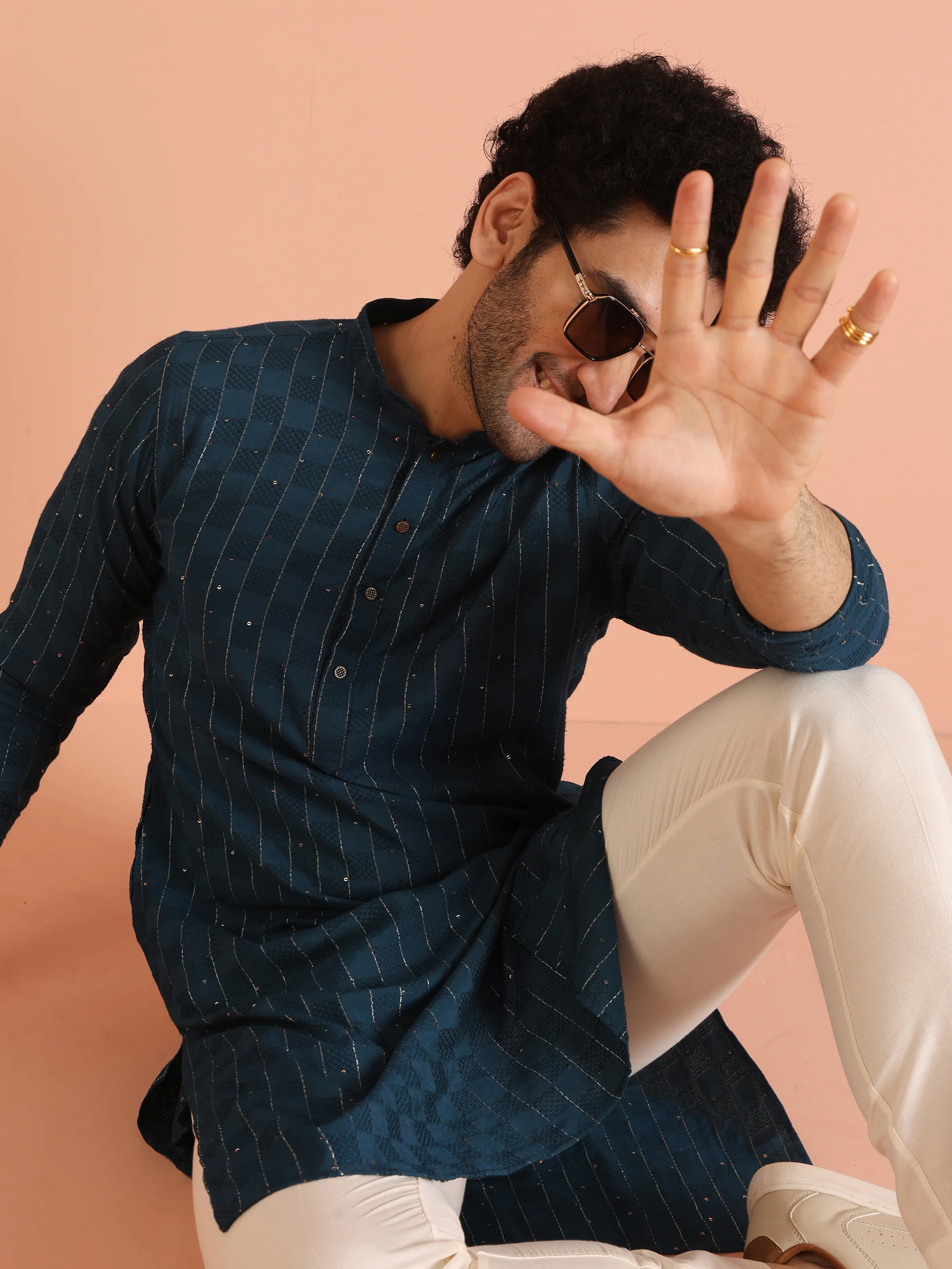 Teal Blue Jacquard Kurta Cream Trouser Set - Image 8
