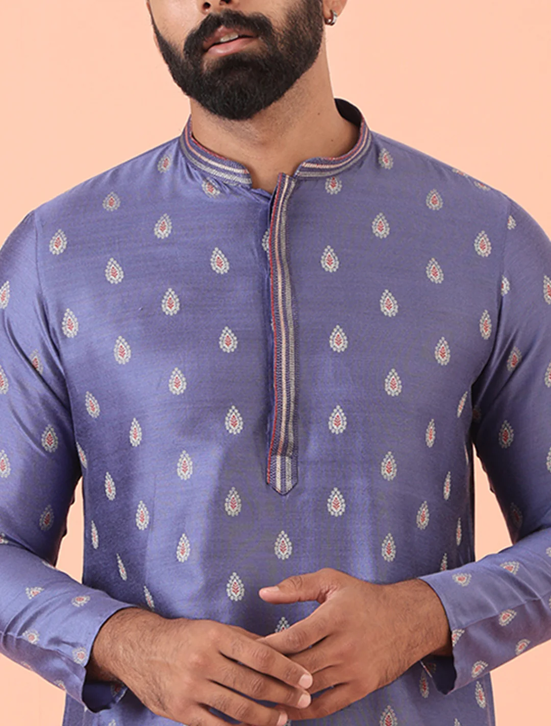 Lavender Kurta with Silver Buta Print and Contrast Placket - Image 7