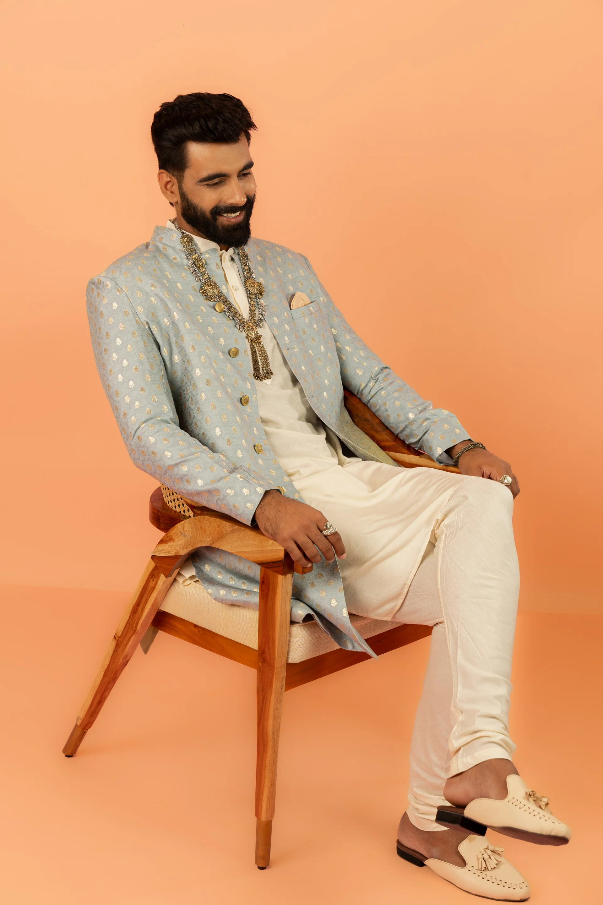 Men Blue Jacquard Kurta Indowestern Trouser Set with Ethnic Motifs