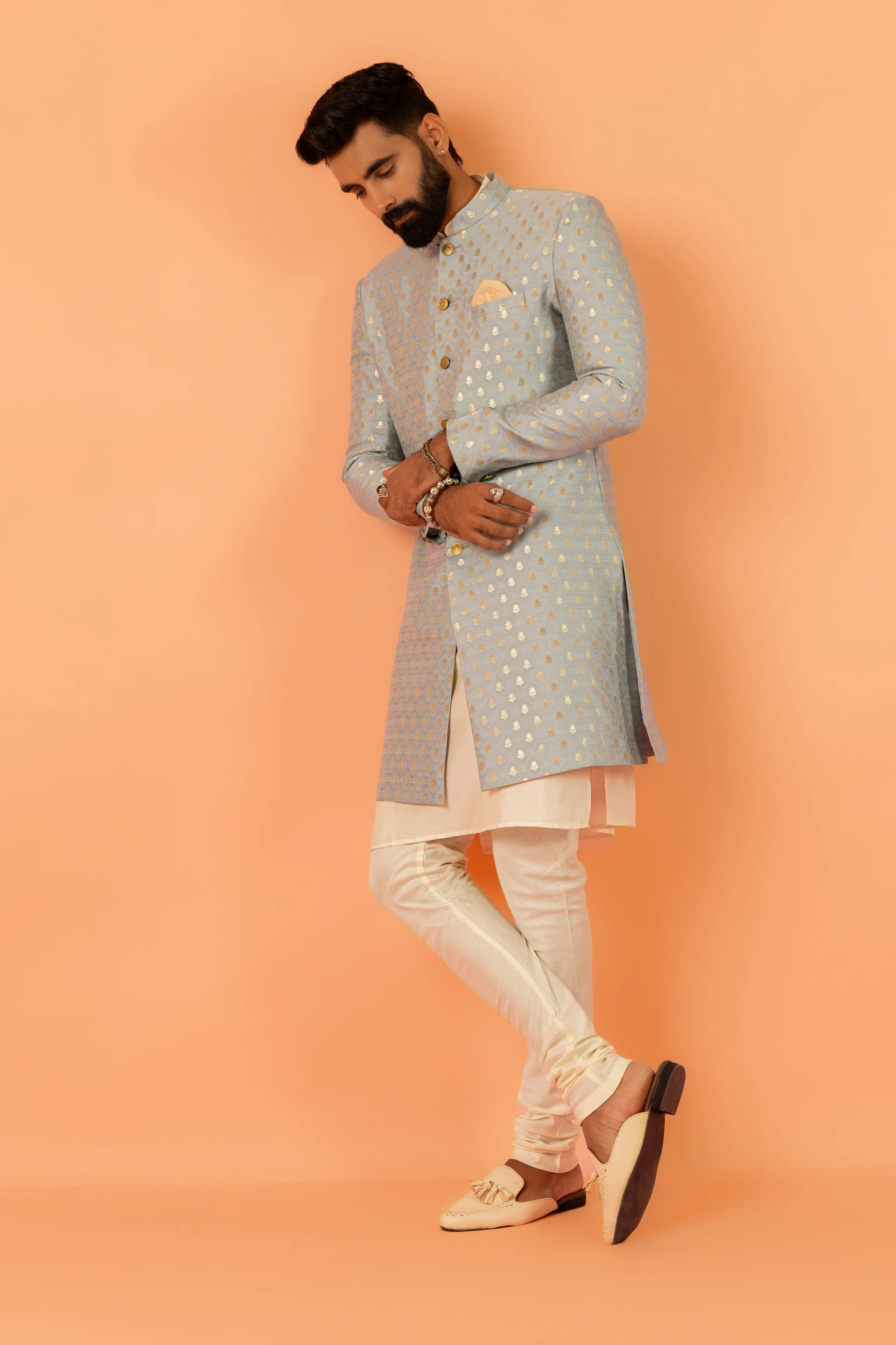 Men Blue Jacquard Kurta Indowestern Trouser Set with Ethnic Motifs - Image 2