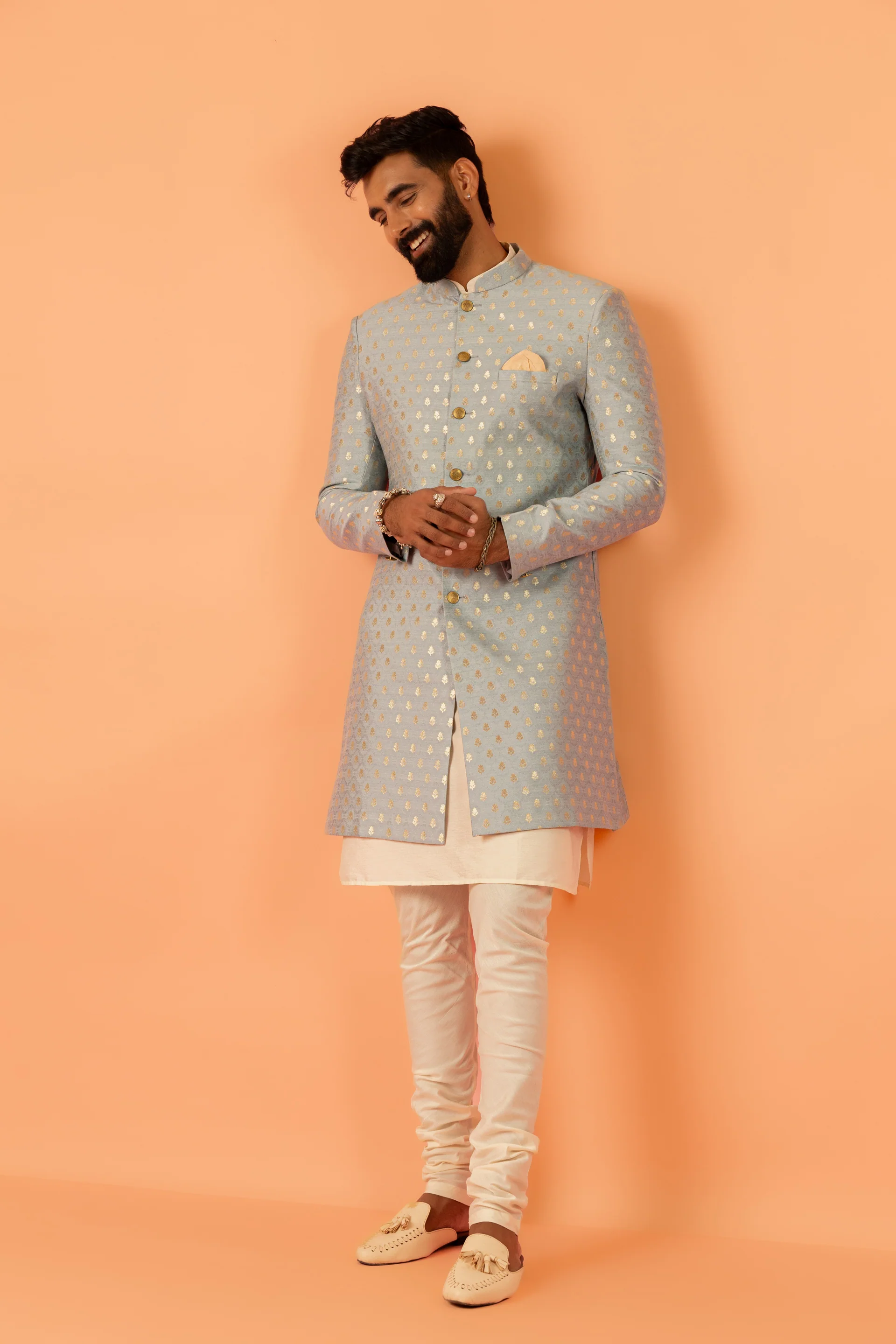 Men Blue Jacquard Kurta Indowestern Trouser Set with Ethnic Motifs - Image 8