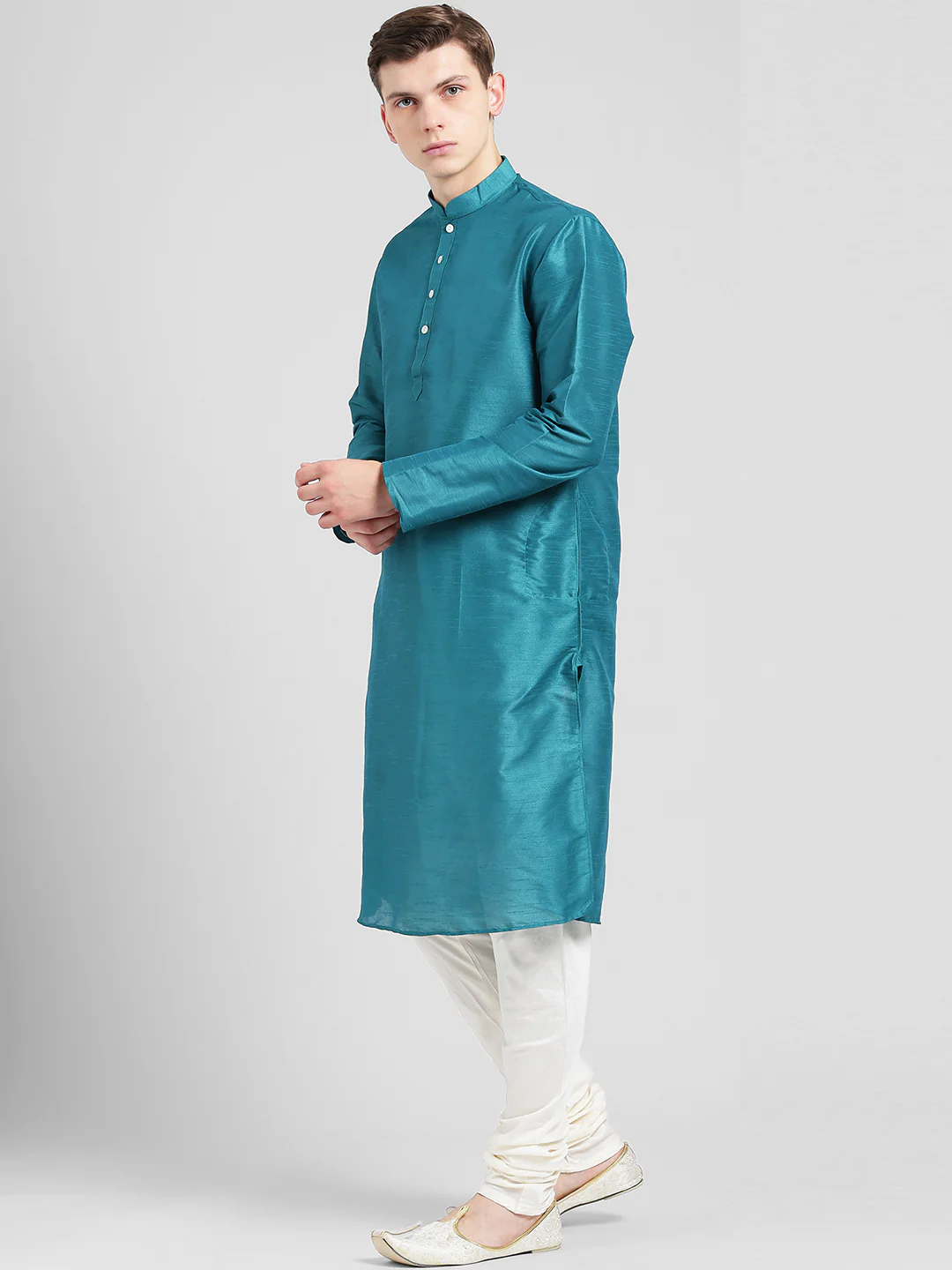 Men Blue Kurta Churidar Set - Image 3