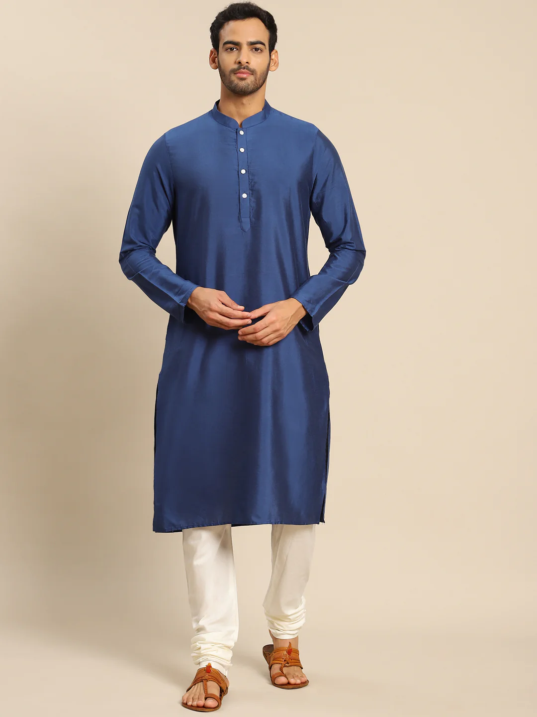 Blue Silk Blend Solid Kurta White Churidar