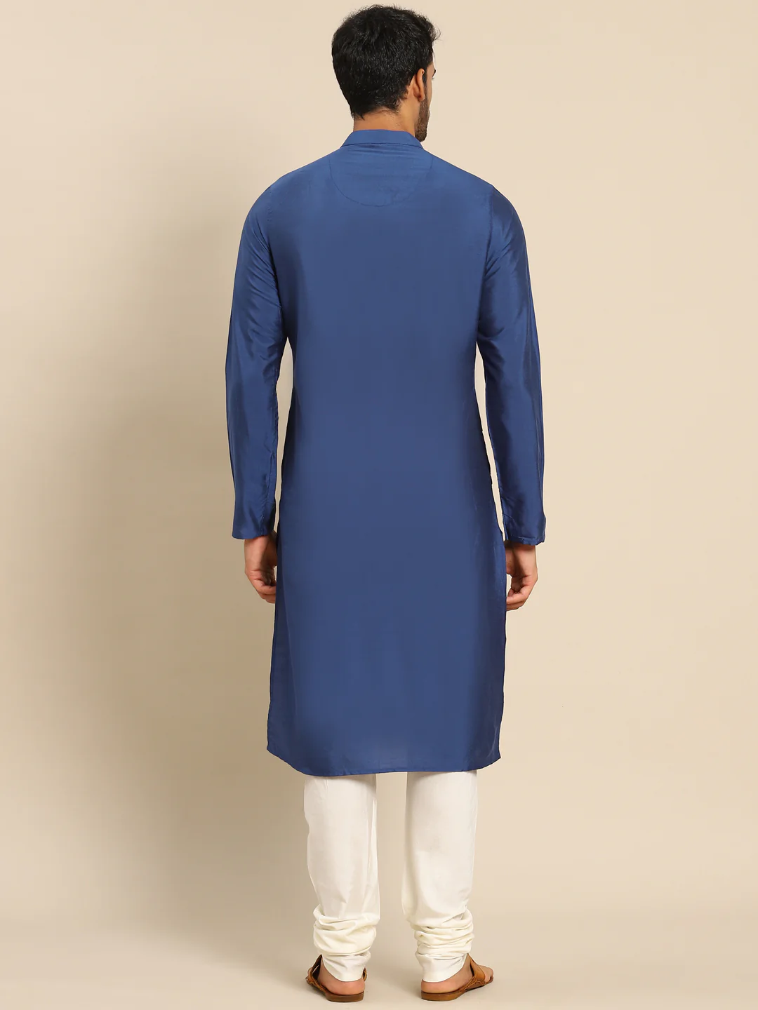 Blue Silk Blend Solid Kurta White Churidar - Image 3