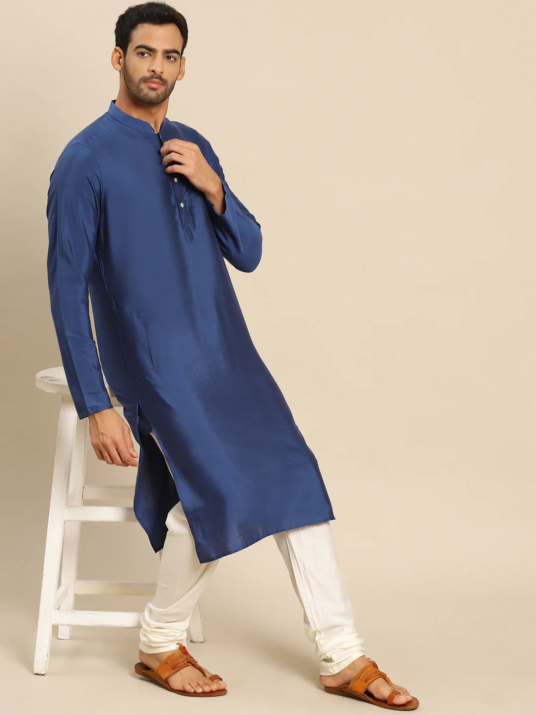 Blue Silk Blend Solid Kurta White Churidar - Image 6