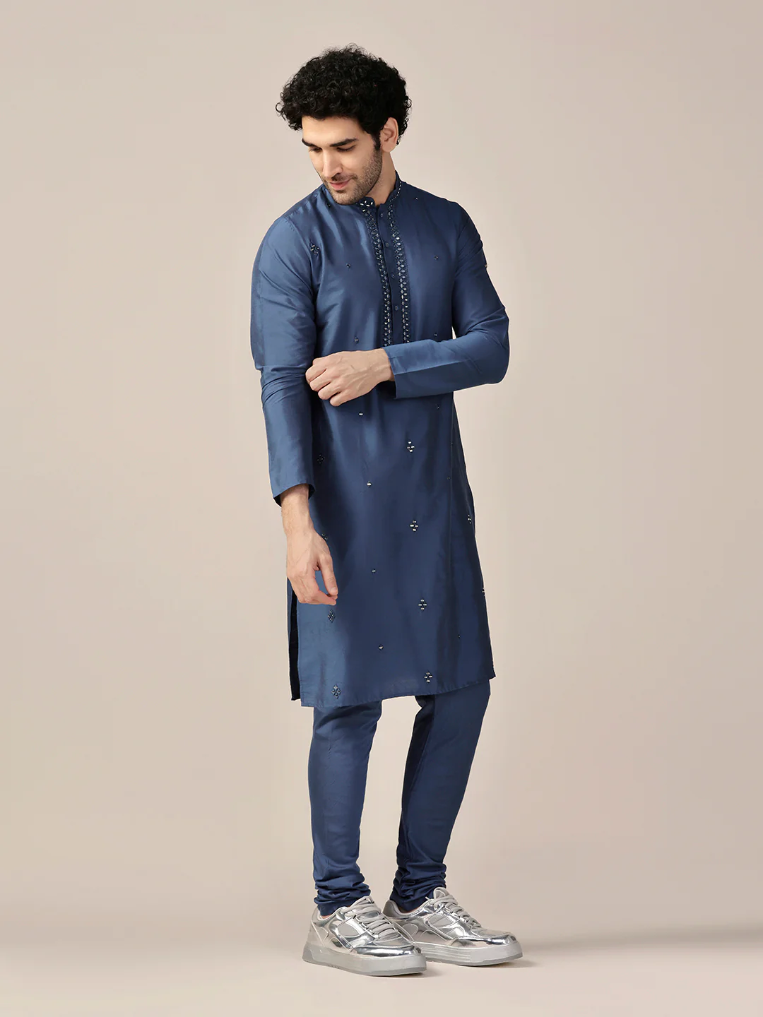 Men Blue Kurta Churidar Set - Image 3