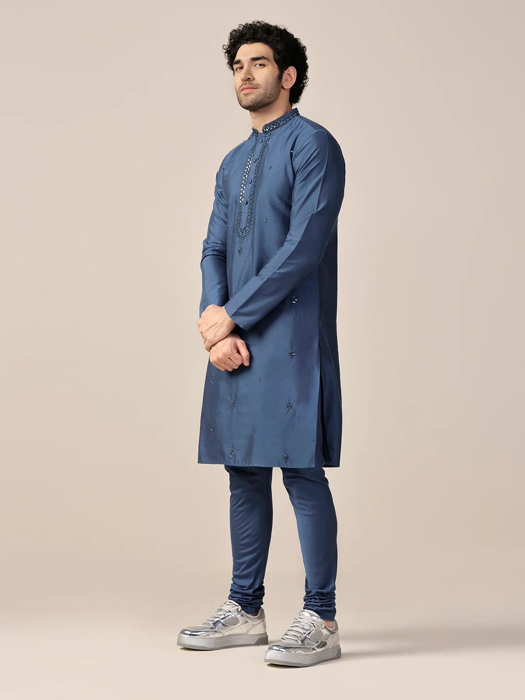 Men Blue Kurta Churidar Set - Image 4