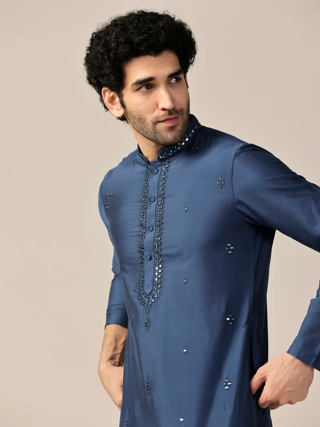 Men Blue Kurta Churidar Set - Image 6