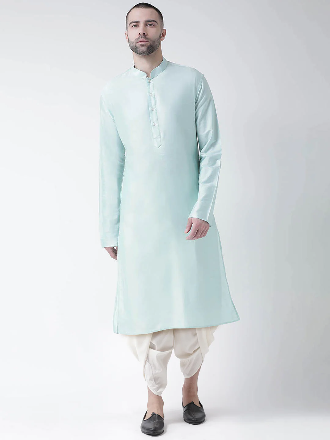 Mint Green Silk Blend Kurta with Cream Dhoti