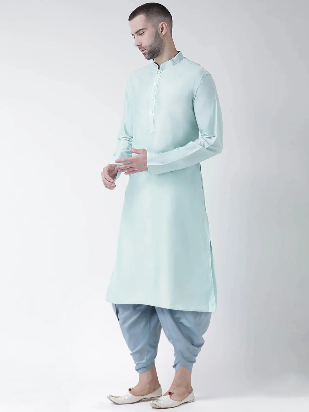 Mint Green Silk Blend Solid Kurta with Blue Dhoti - Image 2