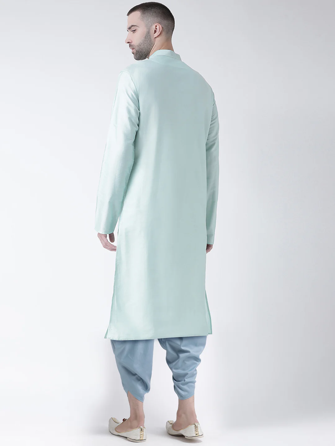 Mint Green Silk Blend Solid Kurta with Blue Dhoti - Image 3