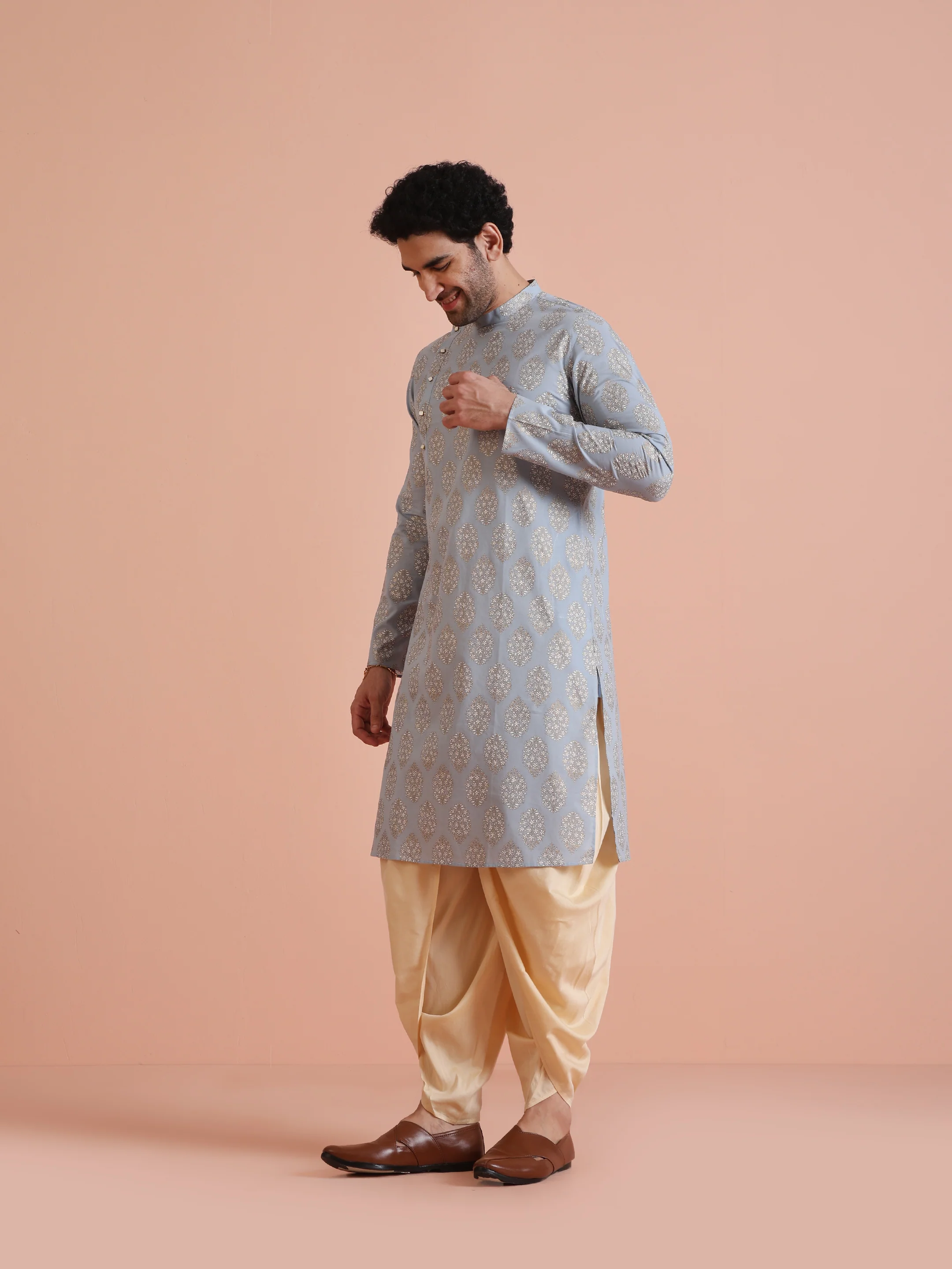 Light Blue Jacquard Kurta Dhoti Set - Image 3