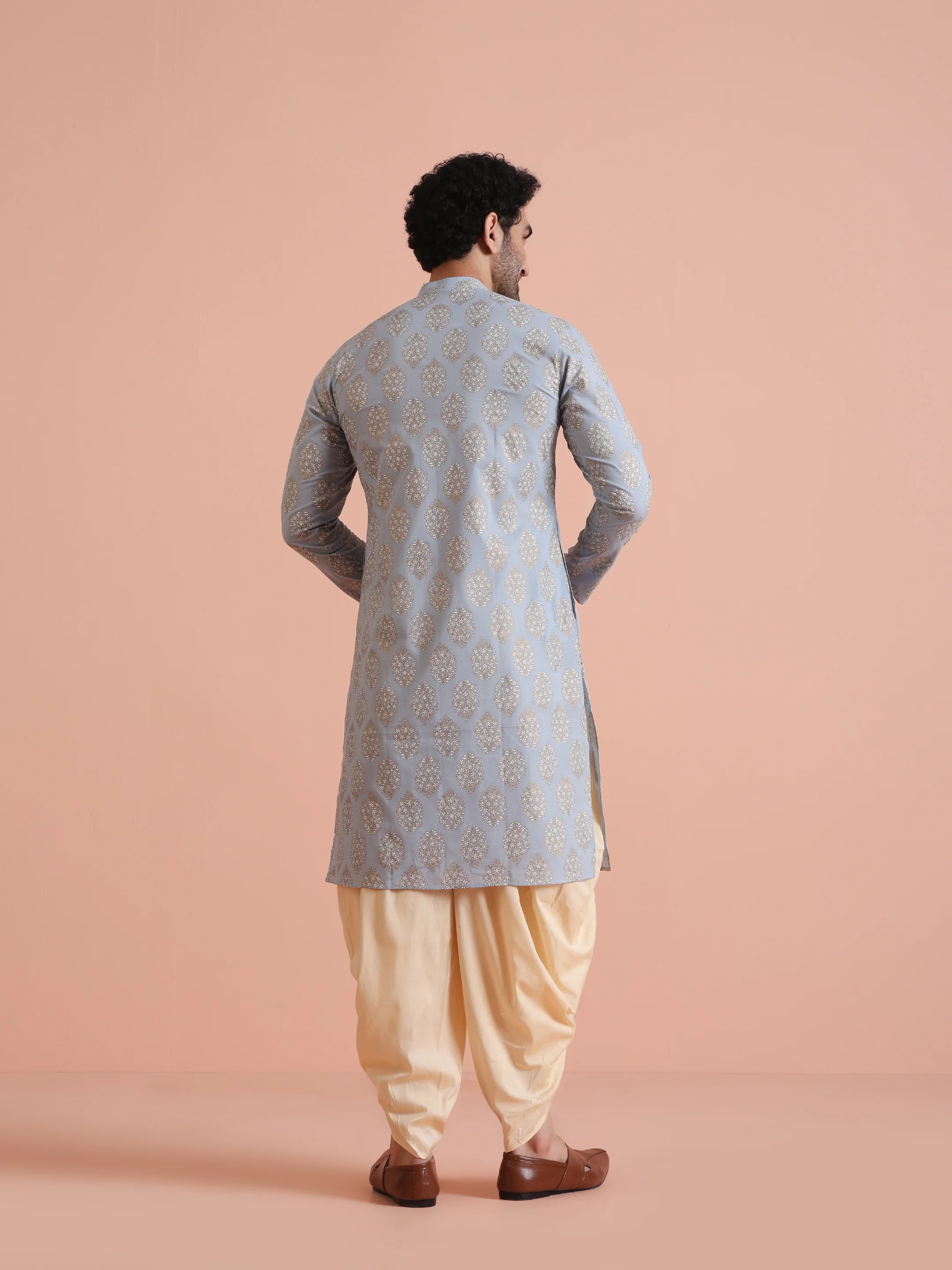 Light Blue Jacquard Kurta Dhoti Set - Image 4