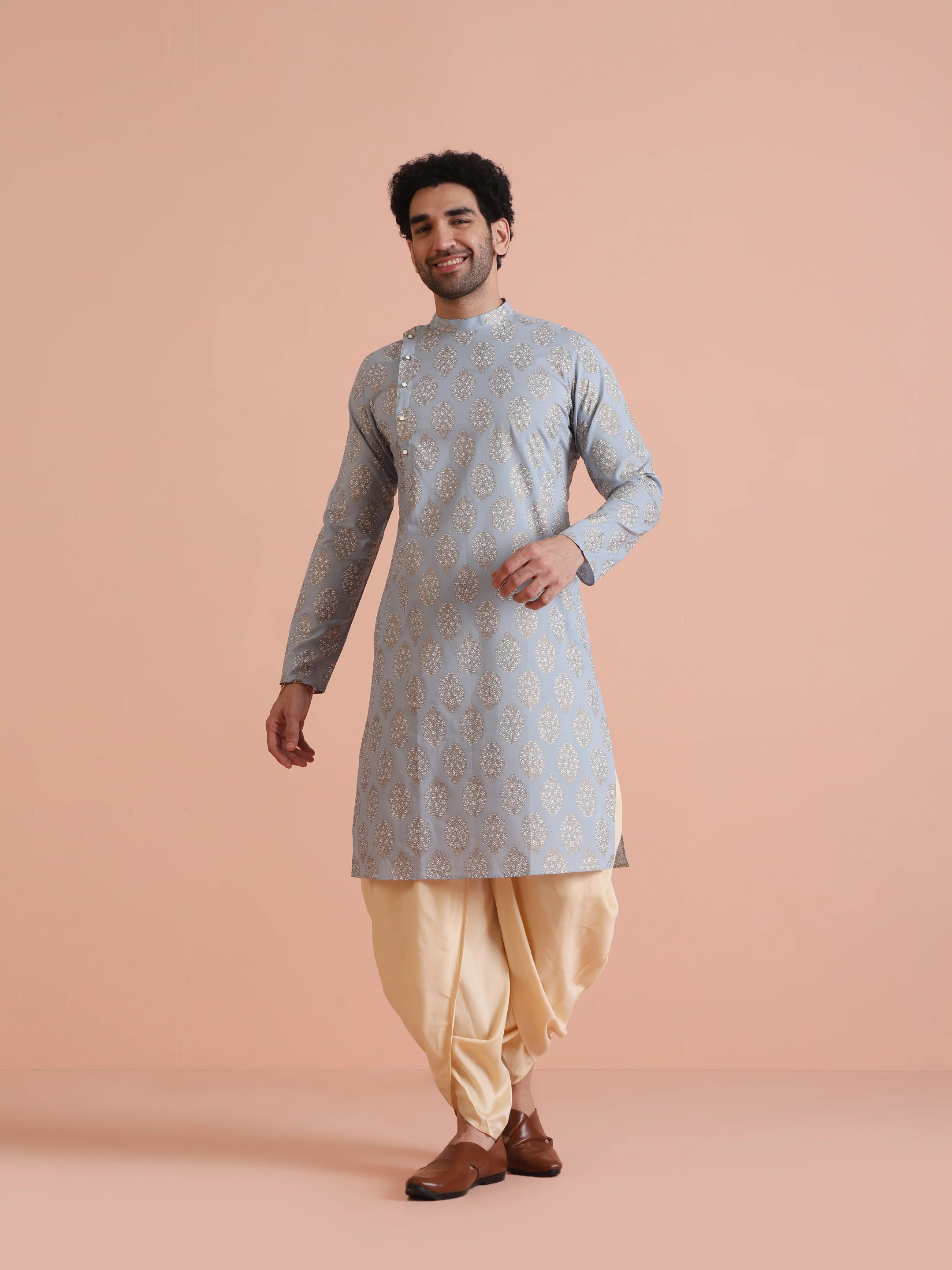 Light Blue Jacquard Kurta Dhoti Set - Image 7