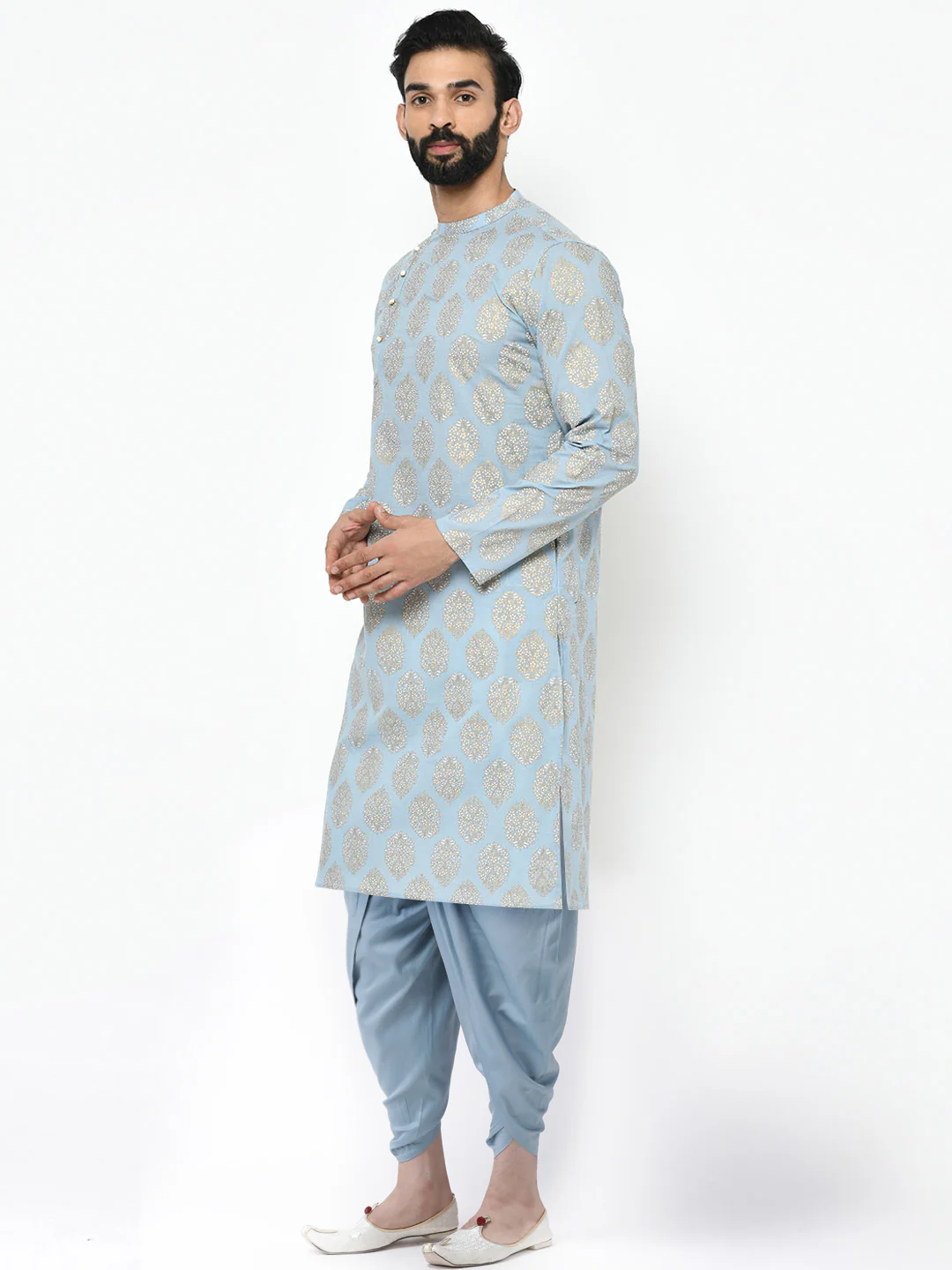Light Blue Jacquard Kurta Dhoti Set - Image 3