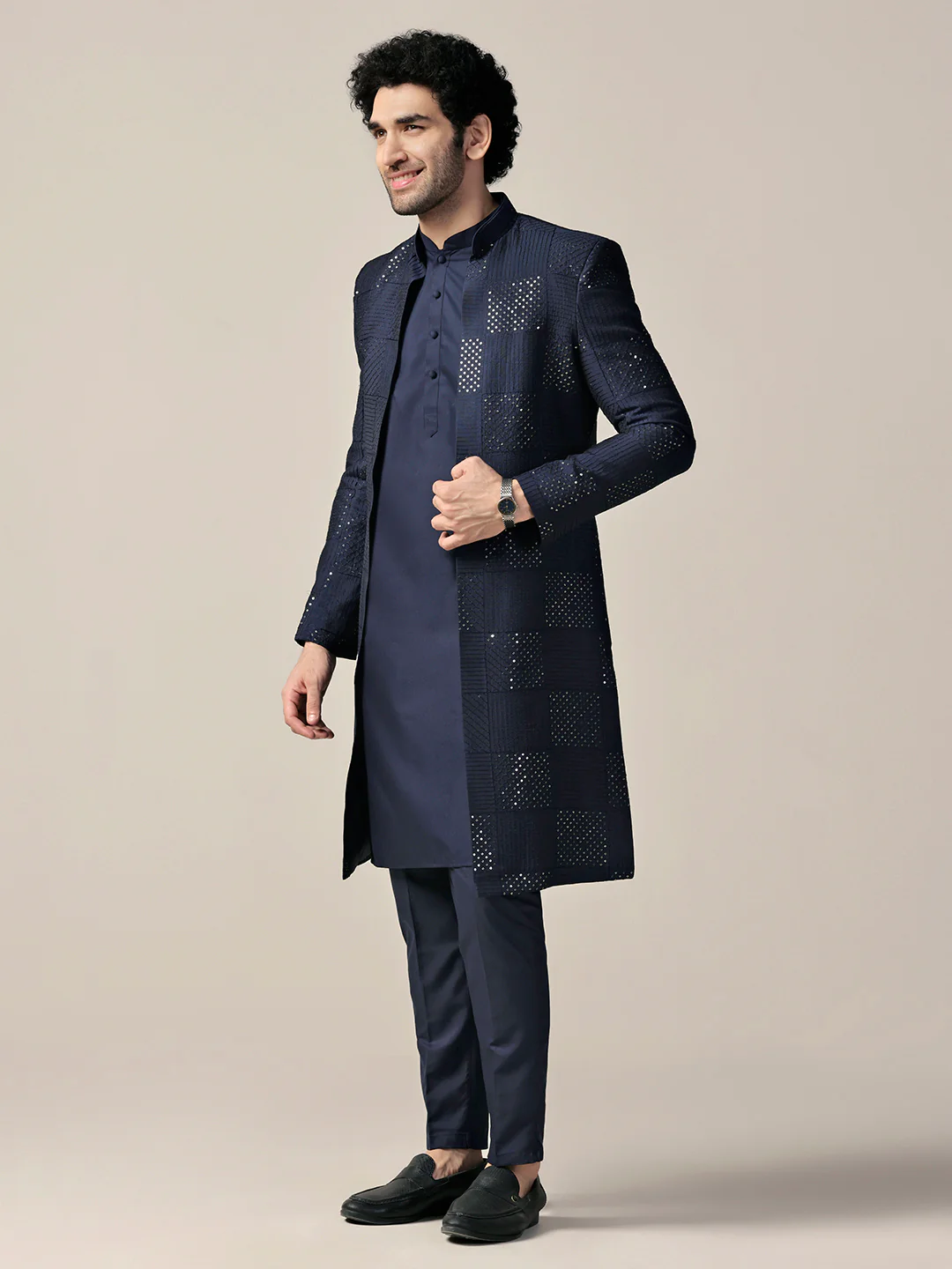 Men Navy Blue Textured Kurta Indowestern Trouser Set - Image 2