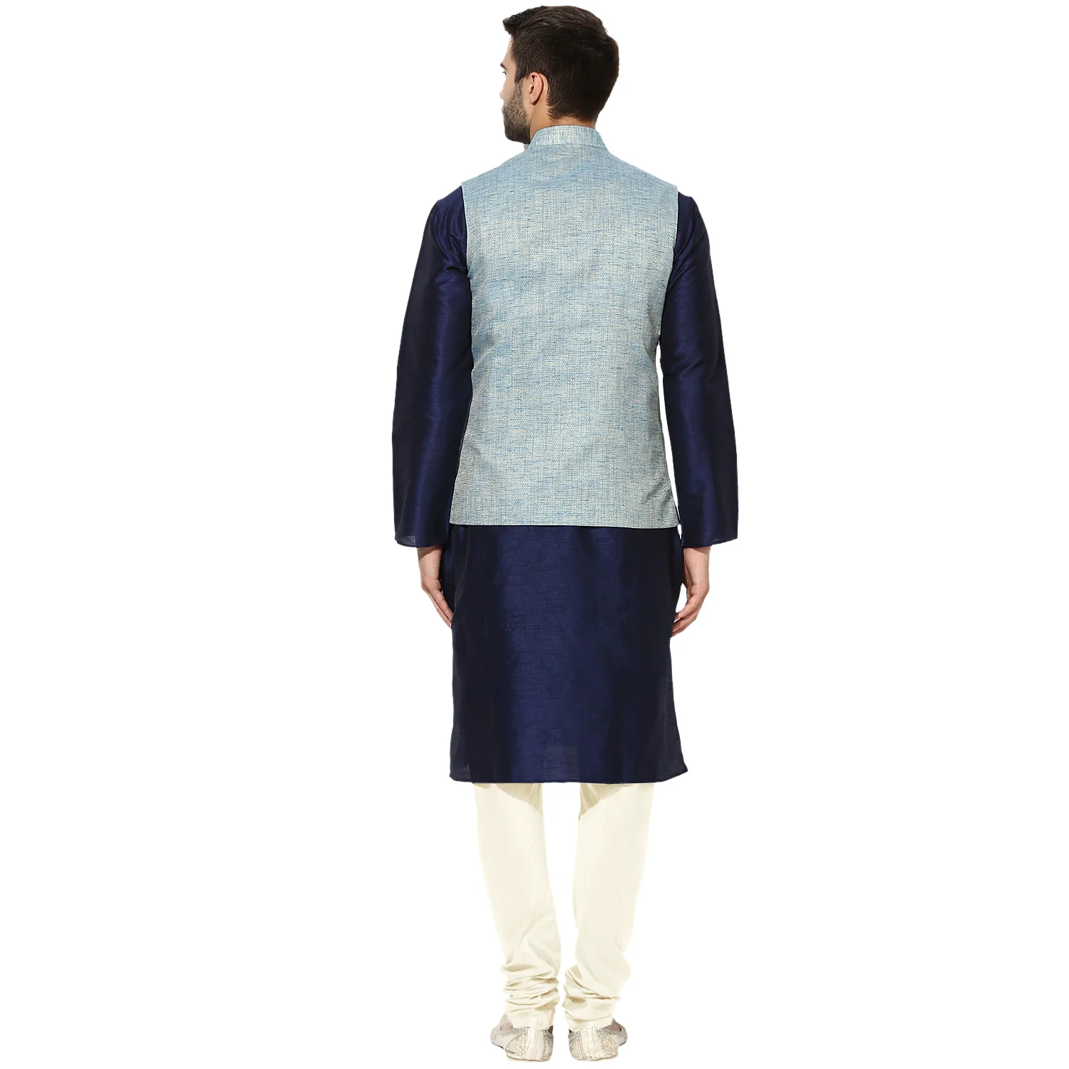 Men Blue Kurta Jacket Churidar Set - Image 3