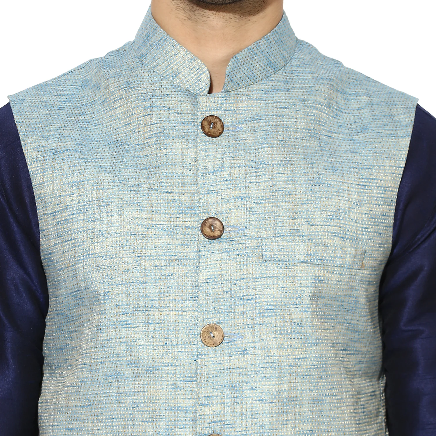 Men Blue Kurta Jacket Churidar Set - Image 4