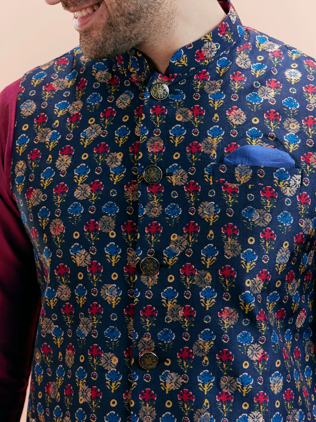 Blue Silk Printed Nehru Jacket Kurta Churidar - Image 2