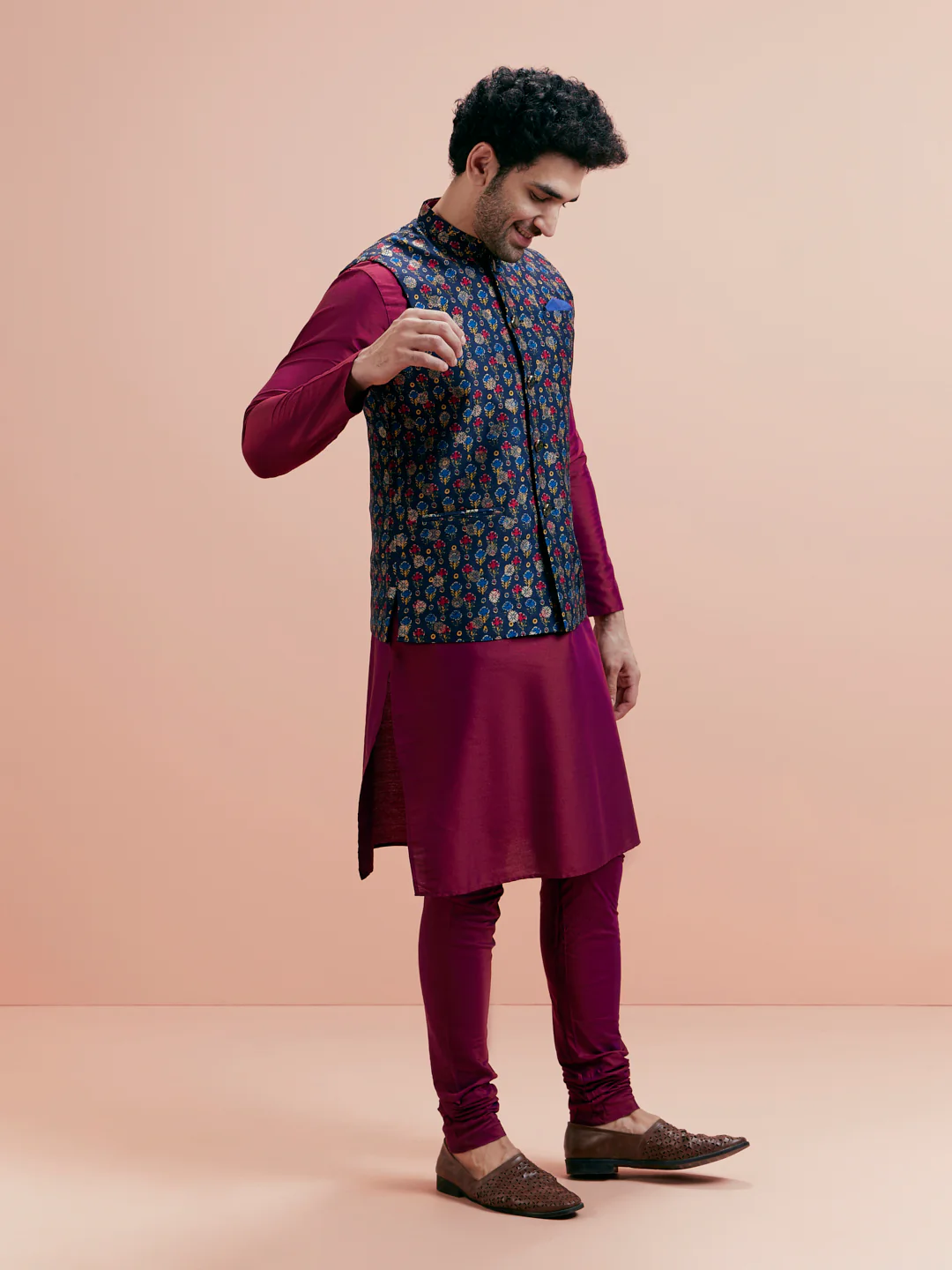 Blue Silk Printed Nehru Jacket Kurta Churidar - Image 4