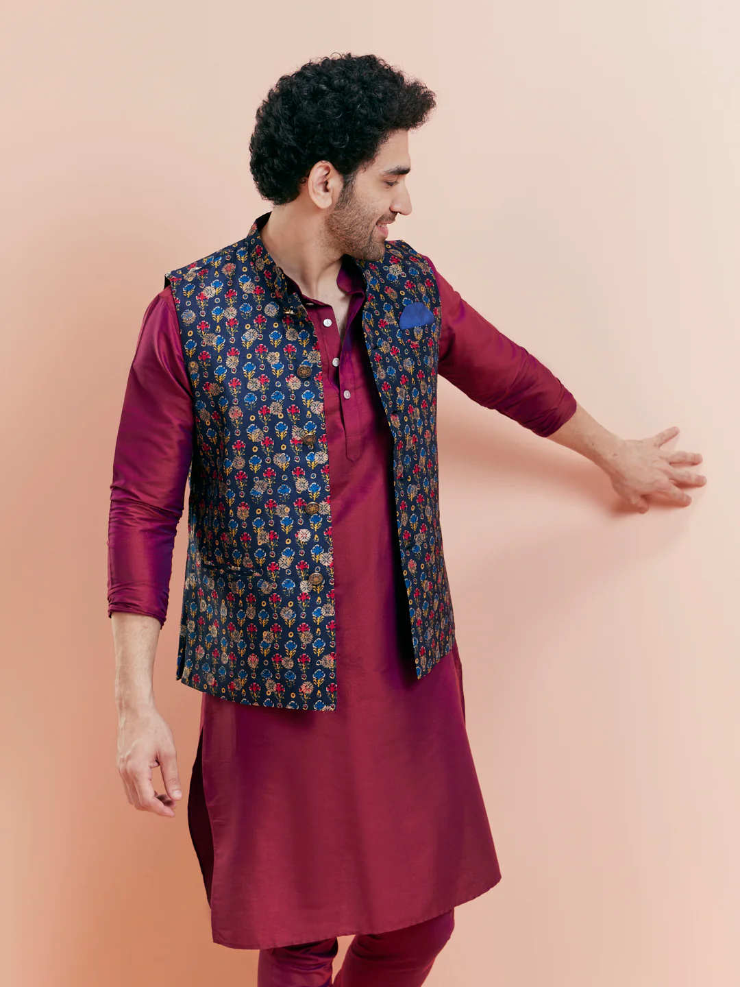 Blue Silk Printed Nehru Jacket Kurta Churidar - Image 8