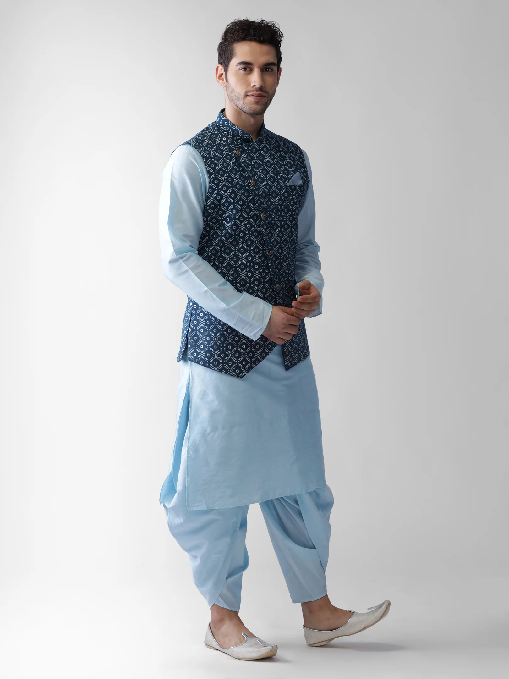 Sky Blue Silk Printed Nehru Jacket Kurta Dhoti - Image 2