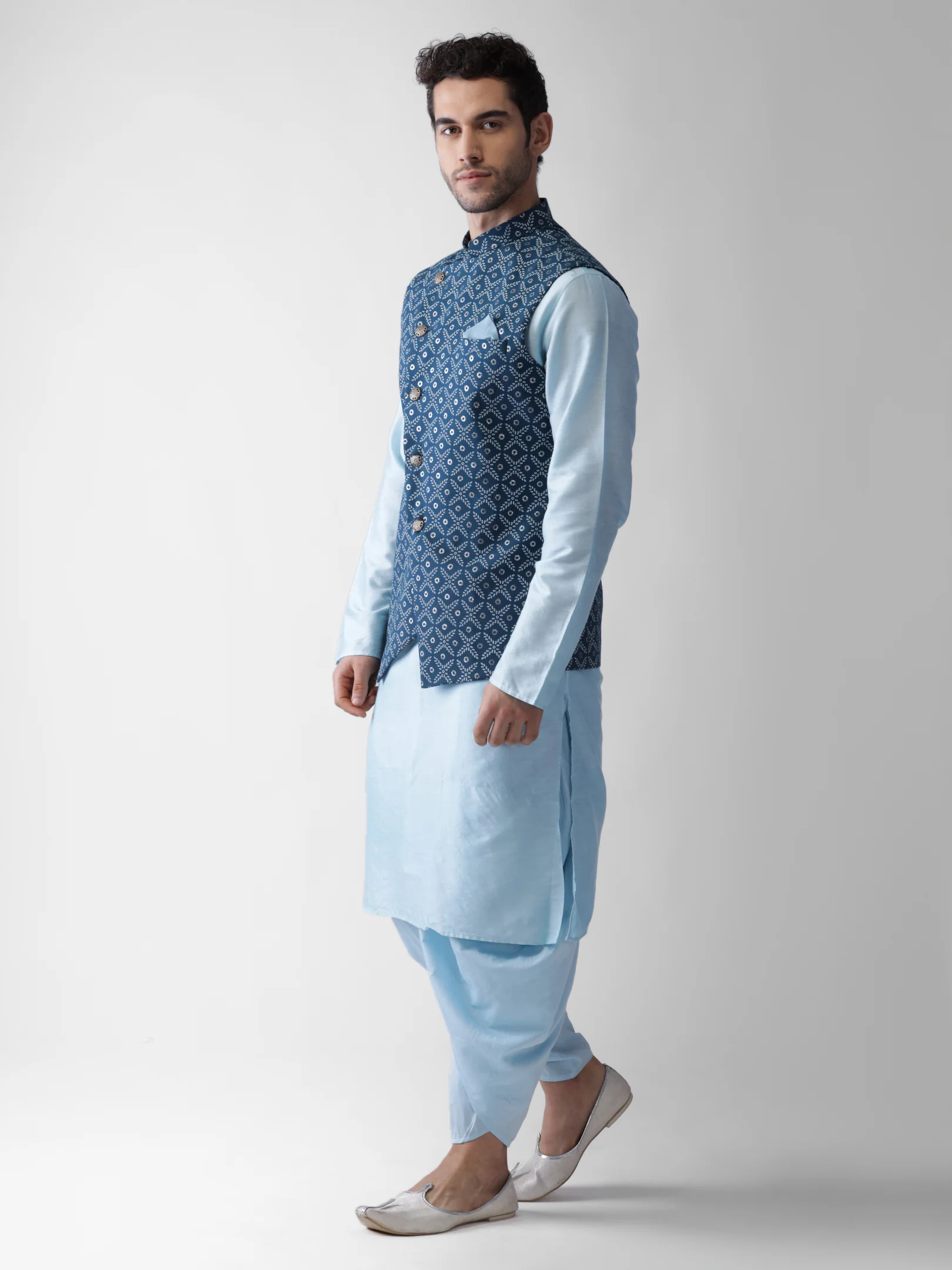 Sky Blue Silk Printed Nehru Jacket Kurta Dhoti - Image 3