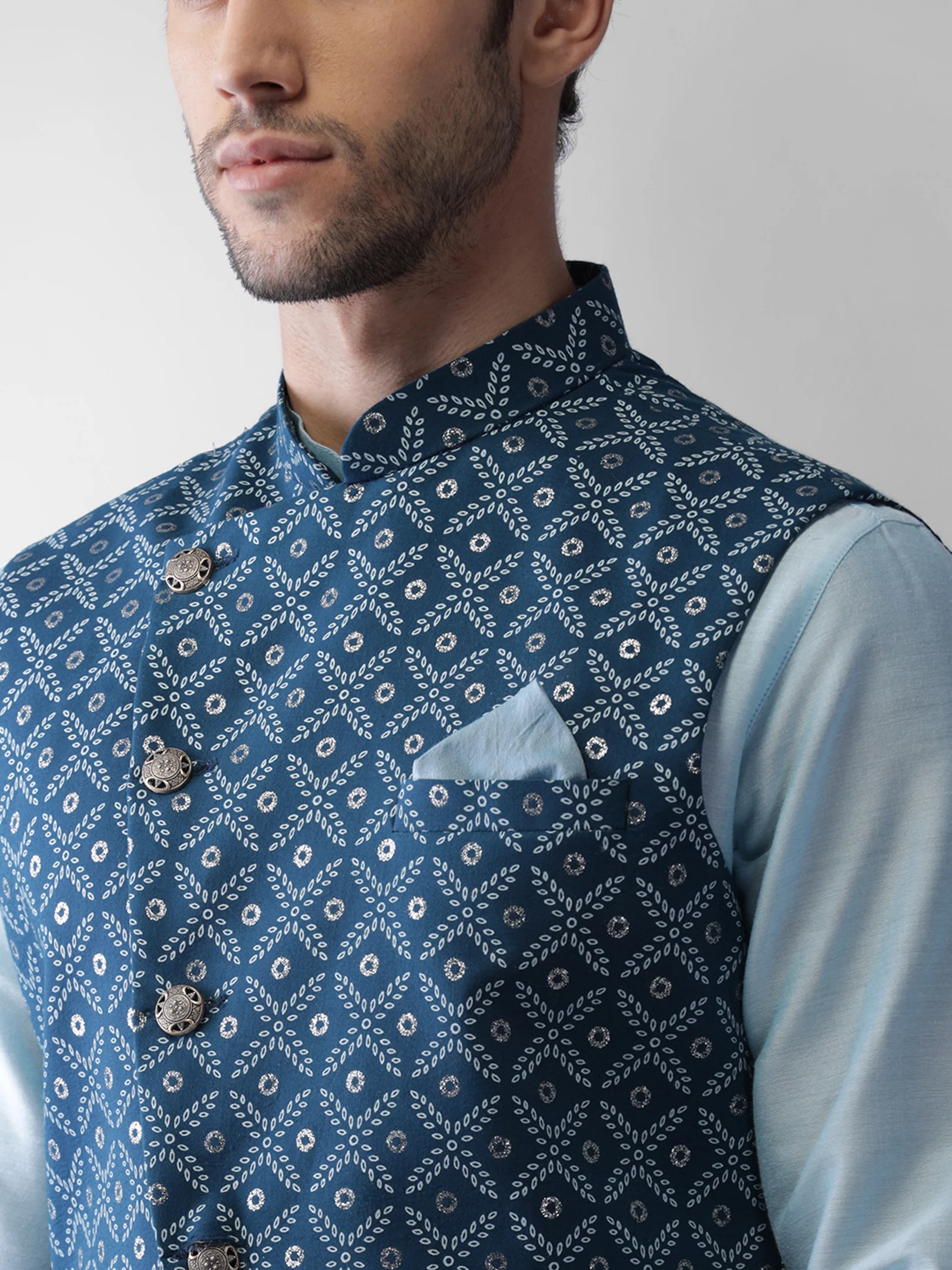 Sky Blue Silk Printed Nehru Jacket Kurta Dhoti - Image 6