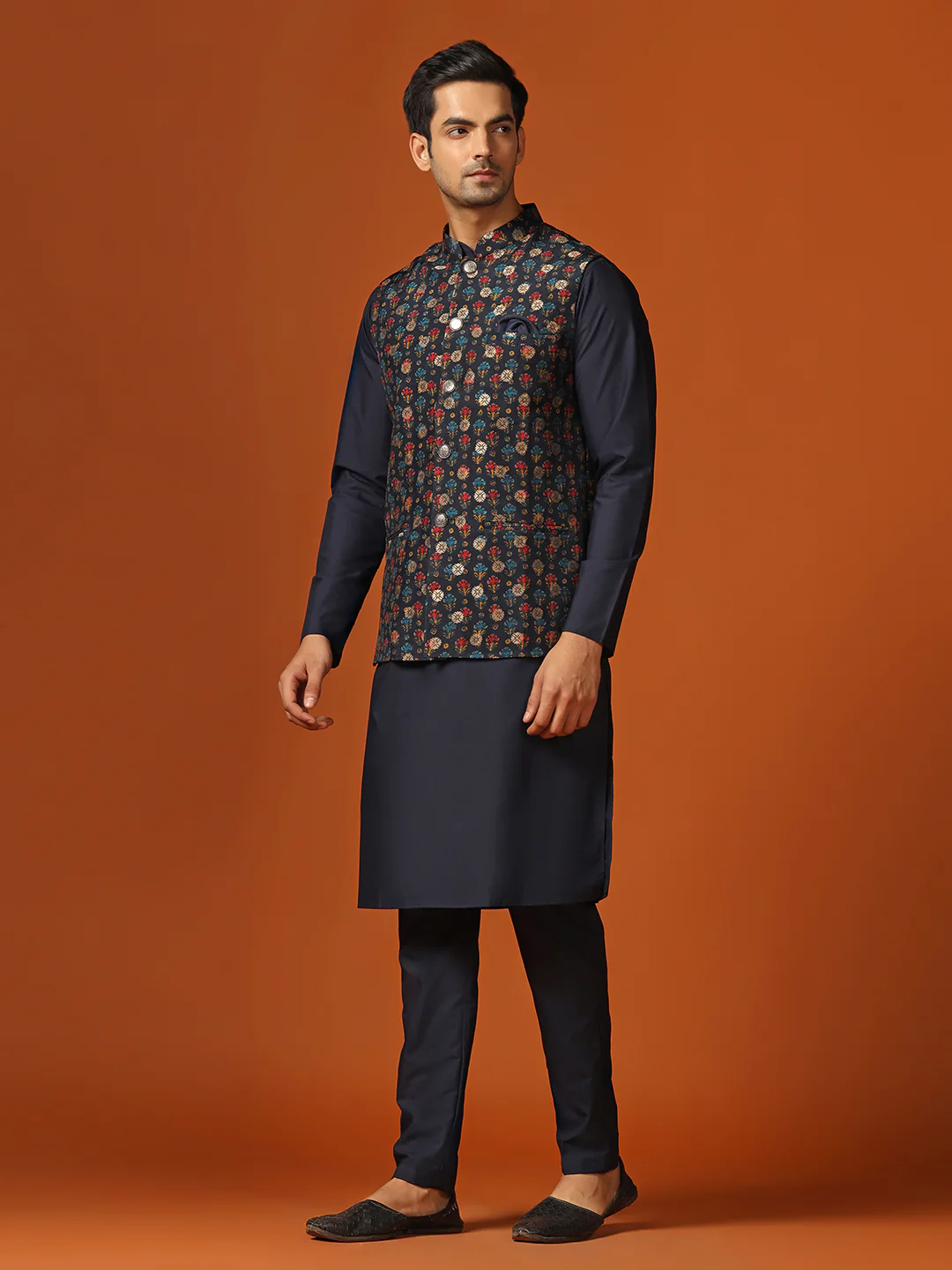 Men Blue Kurta Jacket Trouser Set - Image 3