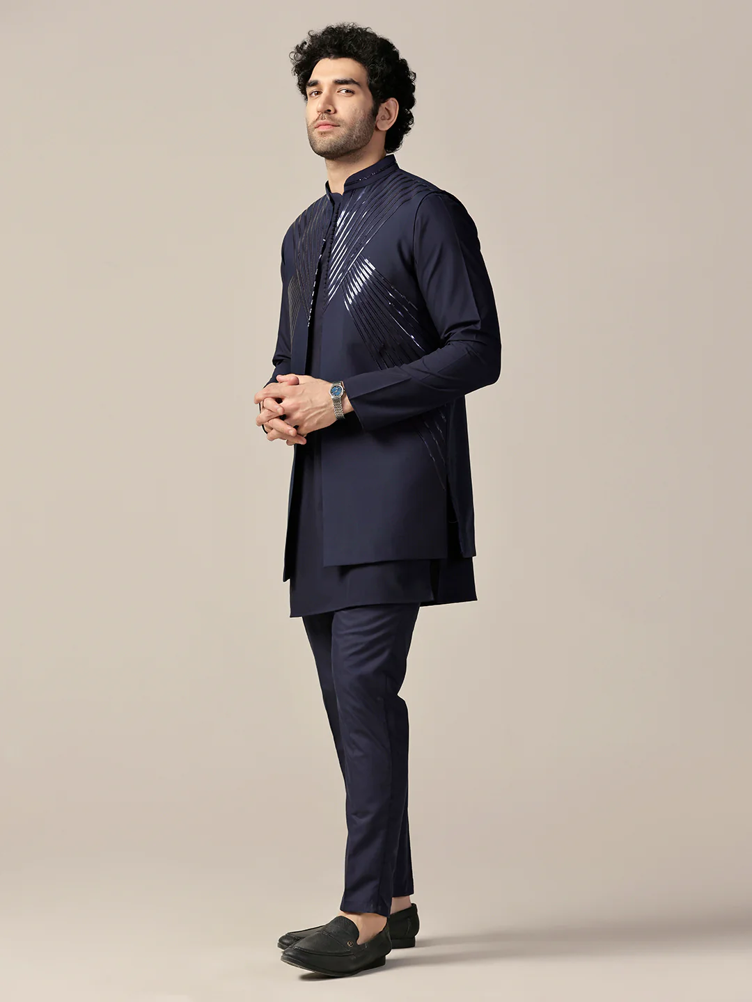 Navy Silk Blend Metallic Jacket Kurta Trouser Set - Image 3