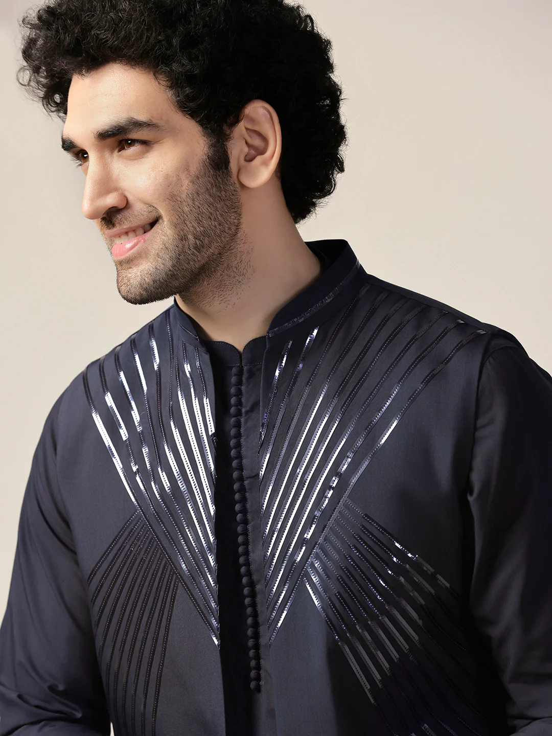 Navy Silk Blend Metallic Jacket Kurta Trouser Set - Image 5