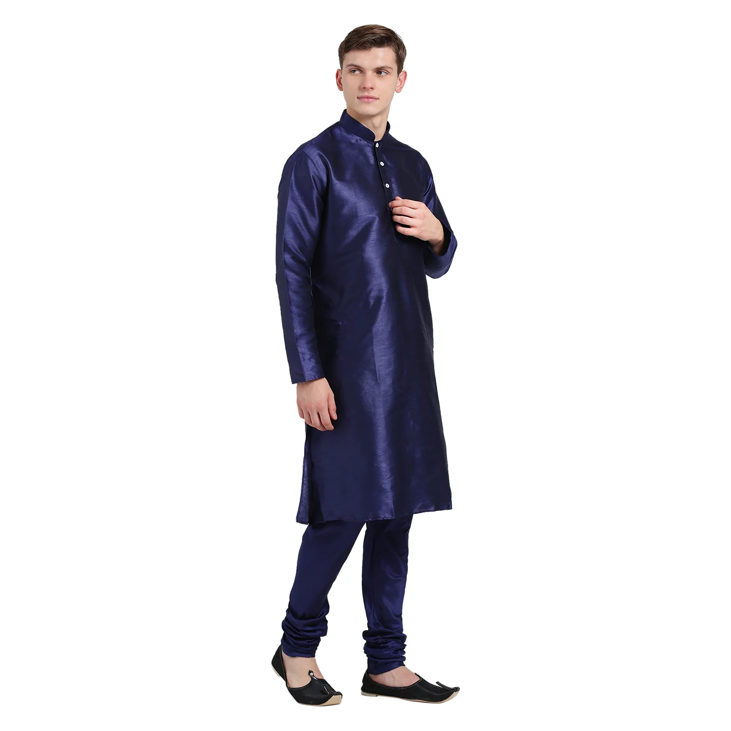 Navy Blue Silk Blend Solid Kurta - Image 3