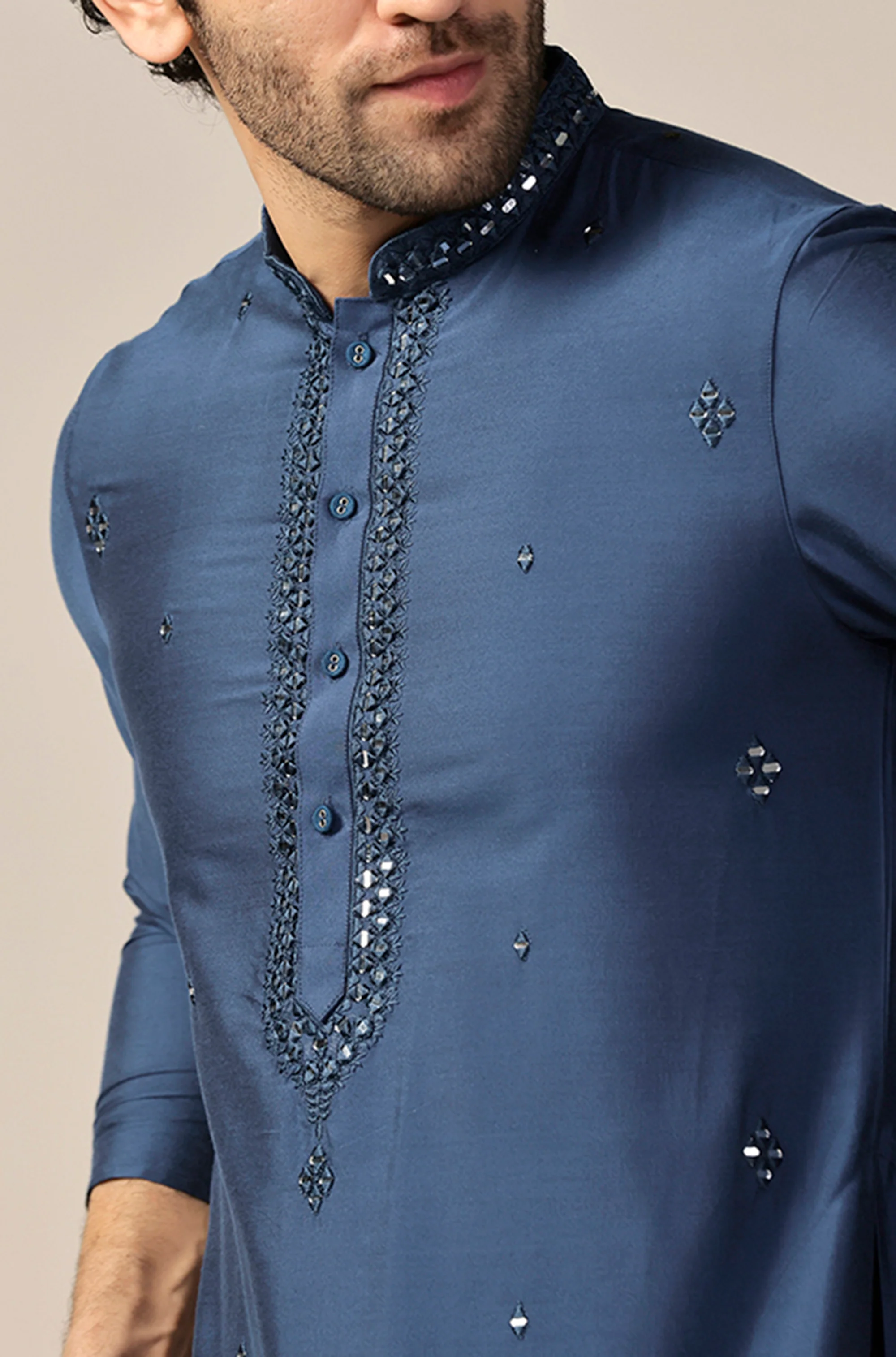 Blue Mirror Work Silk Blend Kurta - Image 5
