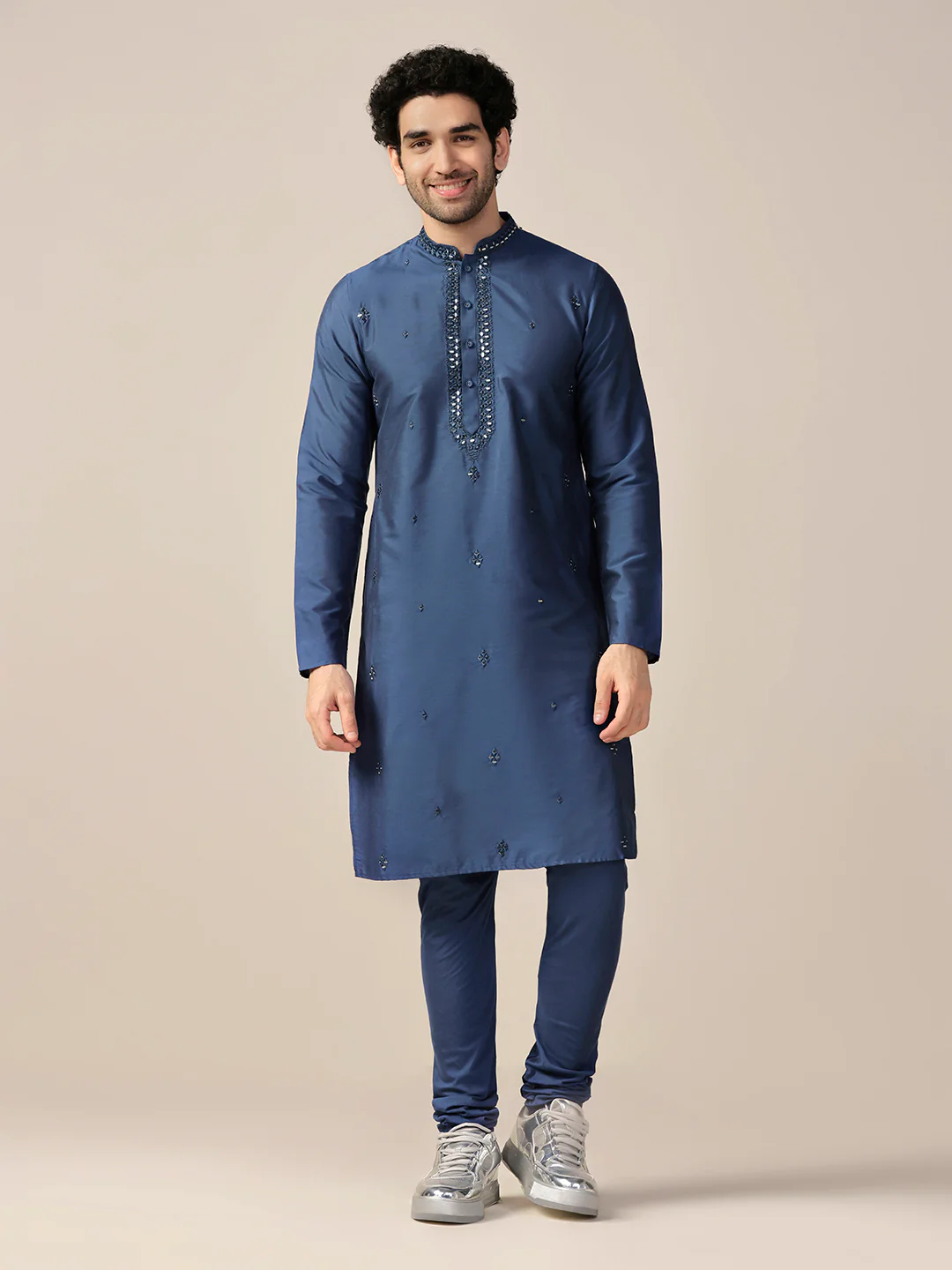 Blue Mirror Work Silk Blend Kurta - Image 6