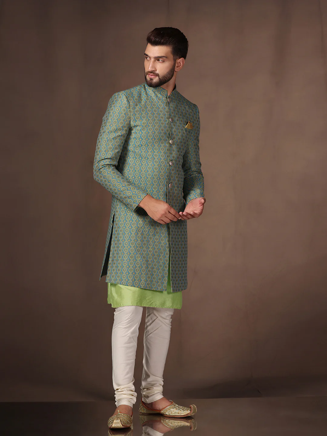 Men Blue Kurta Sherwani Churidar Set - Image 2
