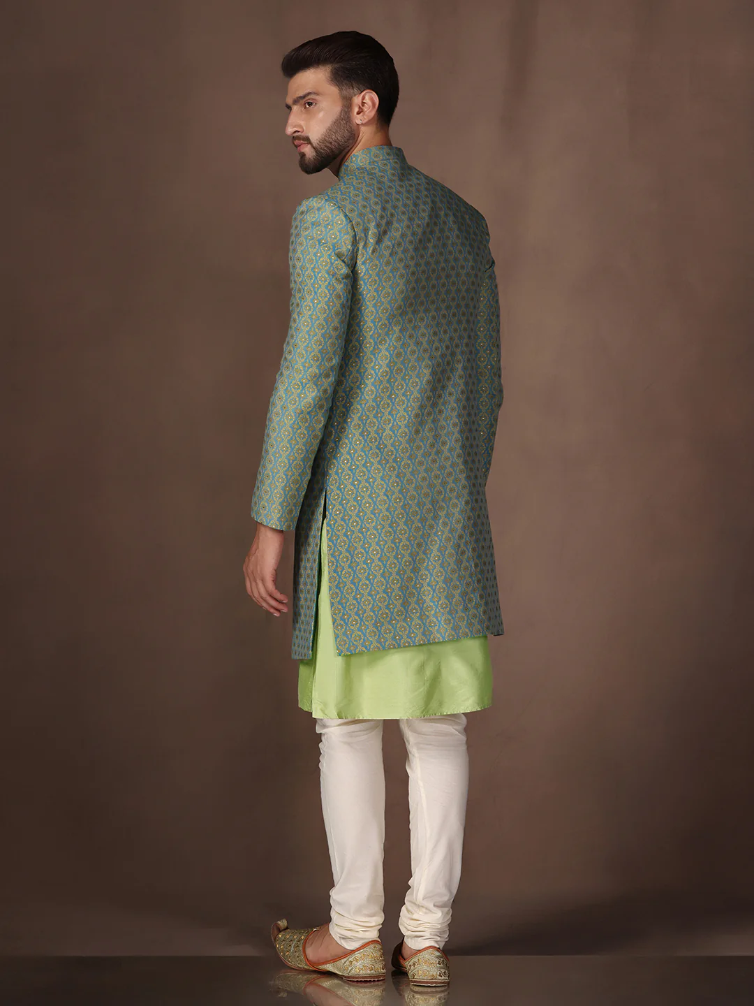 Men Blue Kurta Sherwani Churidar Set - Image 4