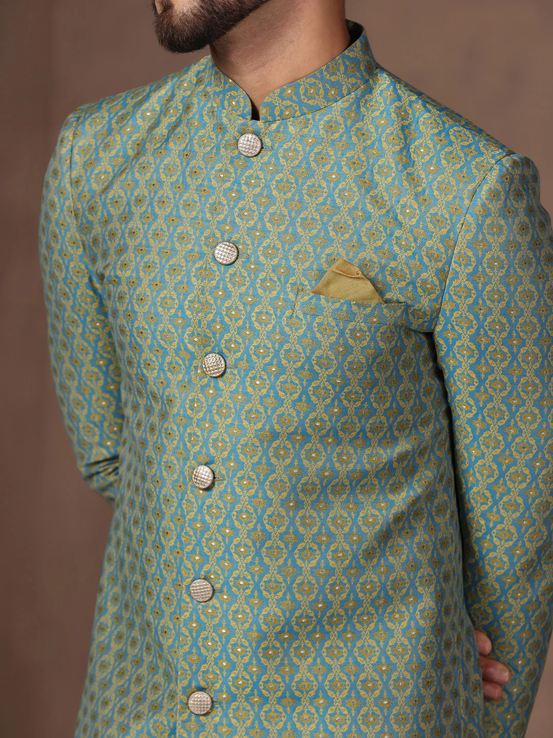 Men Blue Kurta Sherwani Churidar Set - Image 6