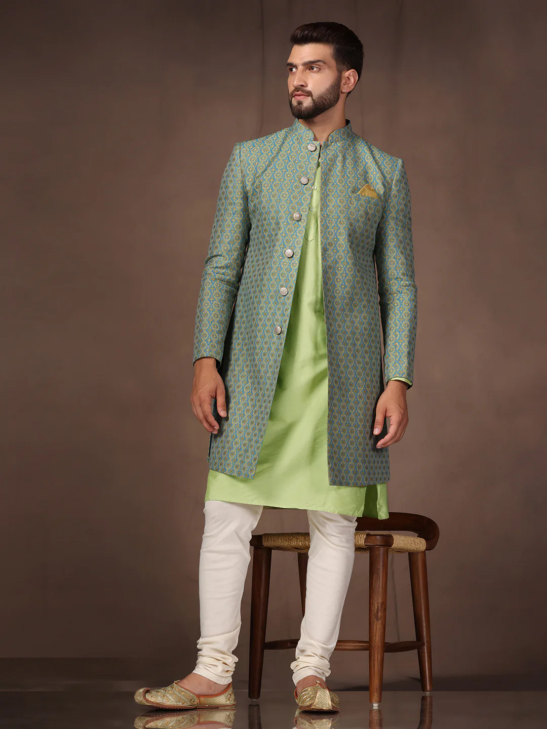 Men Blue Kurta Sherwani Churidar Set - Image 8