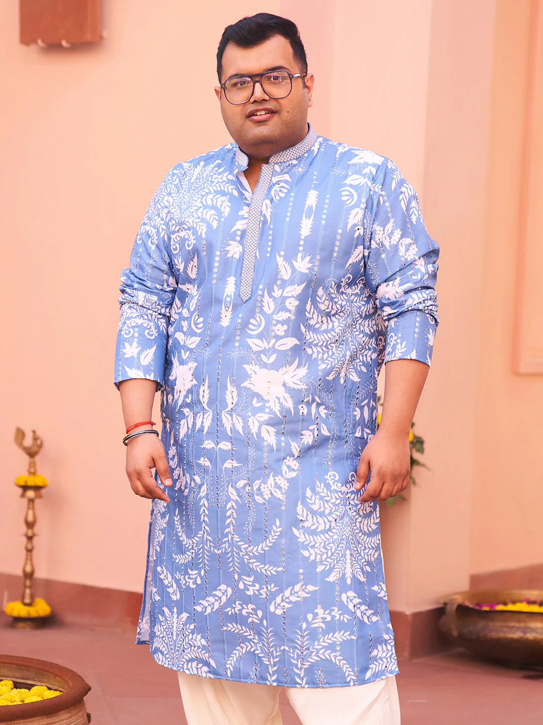 Blue Art Silk Mirror Work Printed Kurta